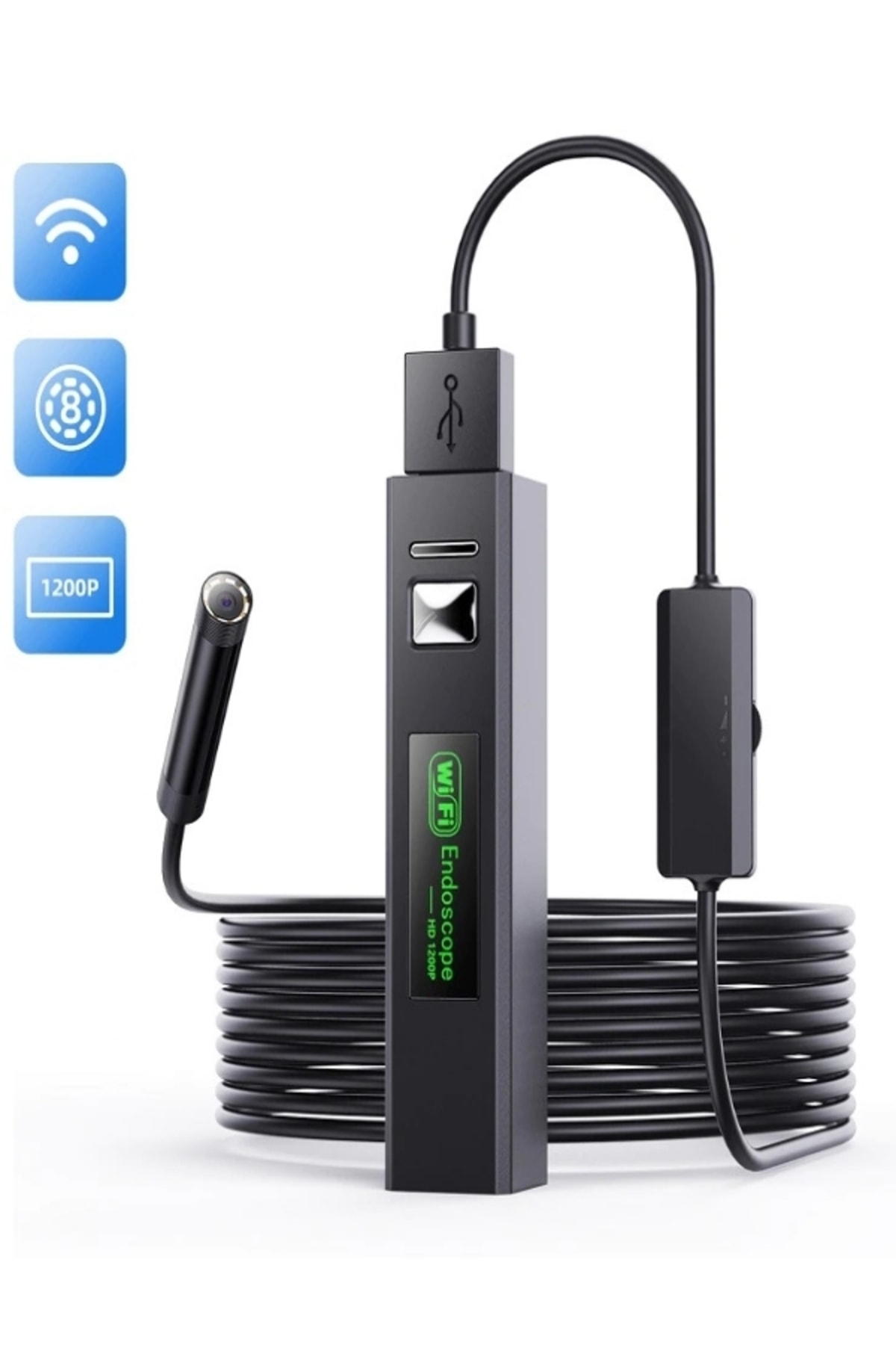 Tokurtech 1200p Wifi Endoskop Kamera Su Geçirmez Muayene Yılan Mini Kamera 8leds Usb Borescope