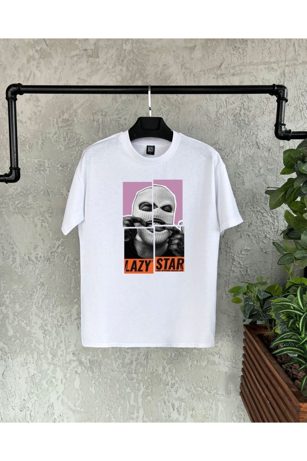 B KOMB NE Lazy Star Printed White Oversize Men s Tshirt Trendyol