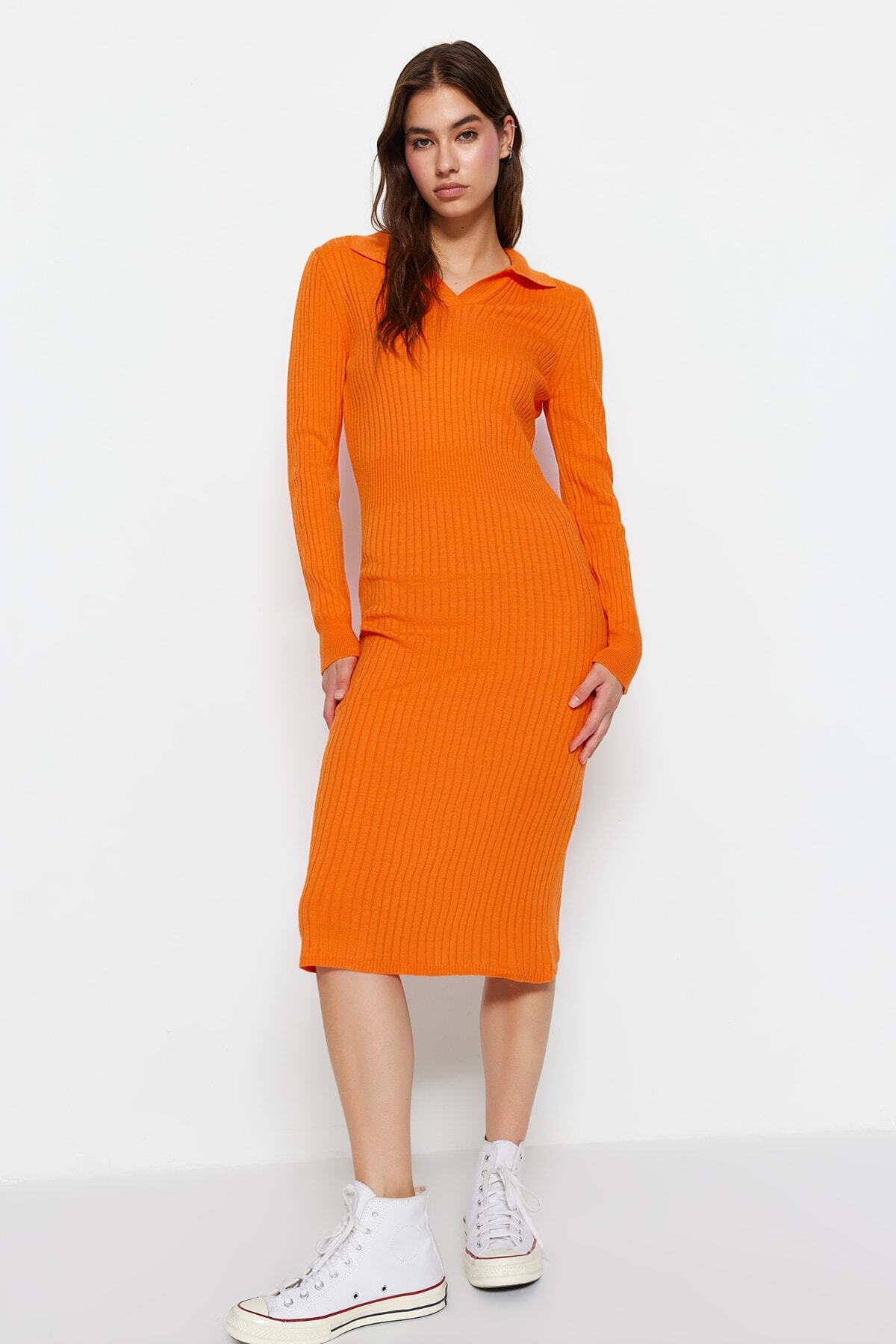 Trendyolmilla Turuncu Midi Triko Polo Yaka Elbise TWOAW22EL1376