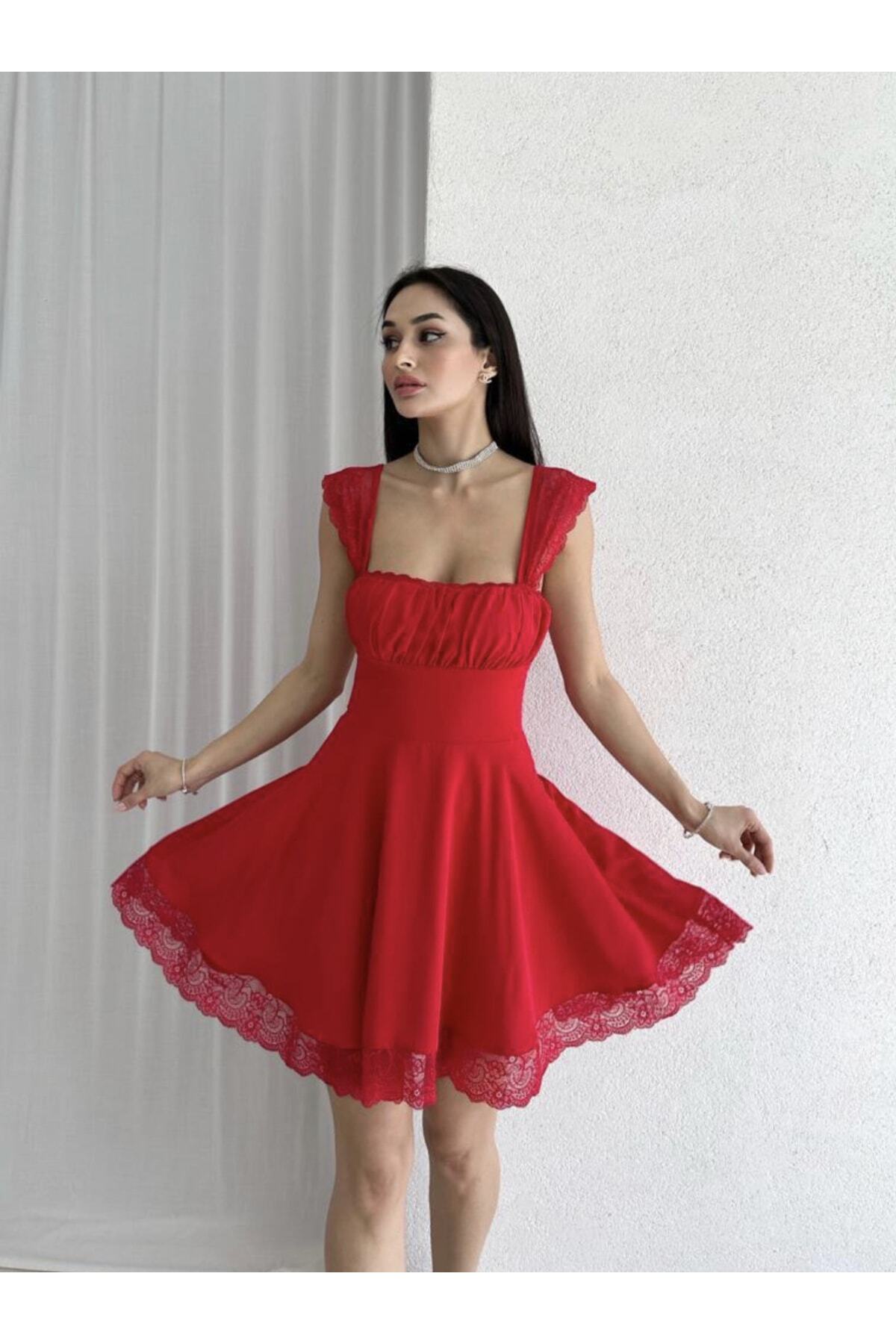 Mini Butik Afiş Butik Kırmızı Dantel Askılı Mini Elbise - Fiyatı, Yorumları