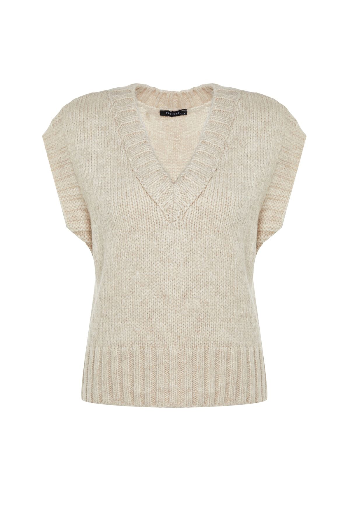 Trendyol Collection-Miękki, teksturowany, beżowy, krótki sweter z dzianiny - Twoaw23Sv00149 7