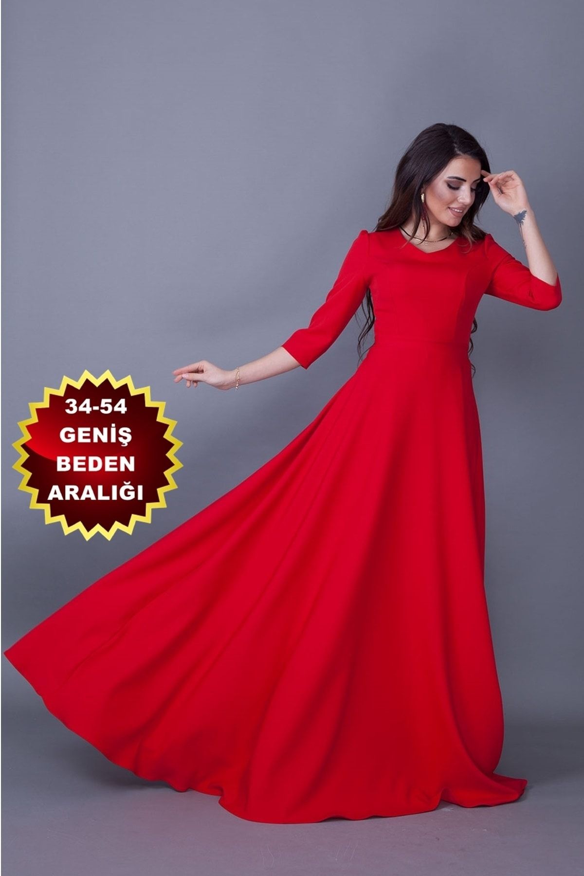 bayansepeti Flexible Atlas Fabric V Neck Sleeve Design Maxi Red