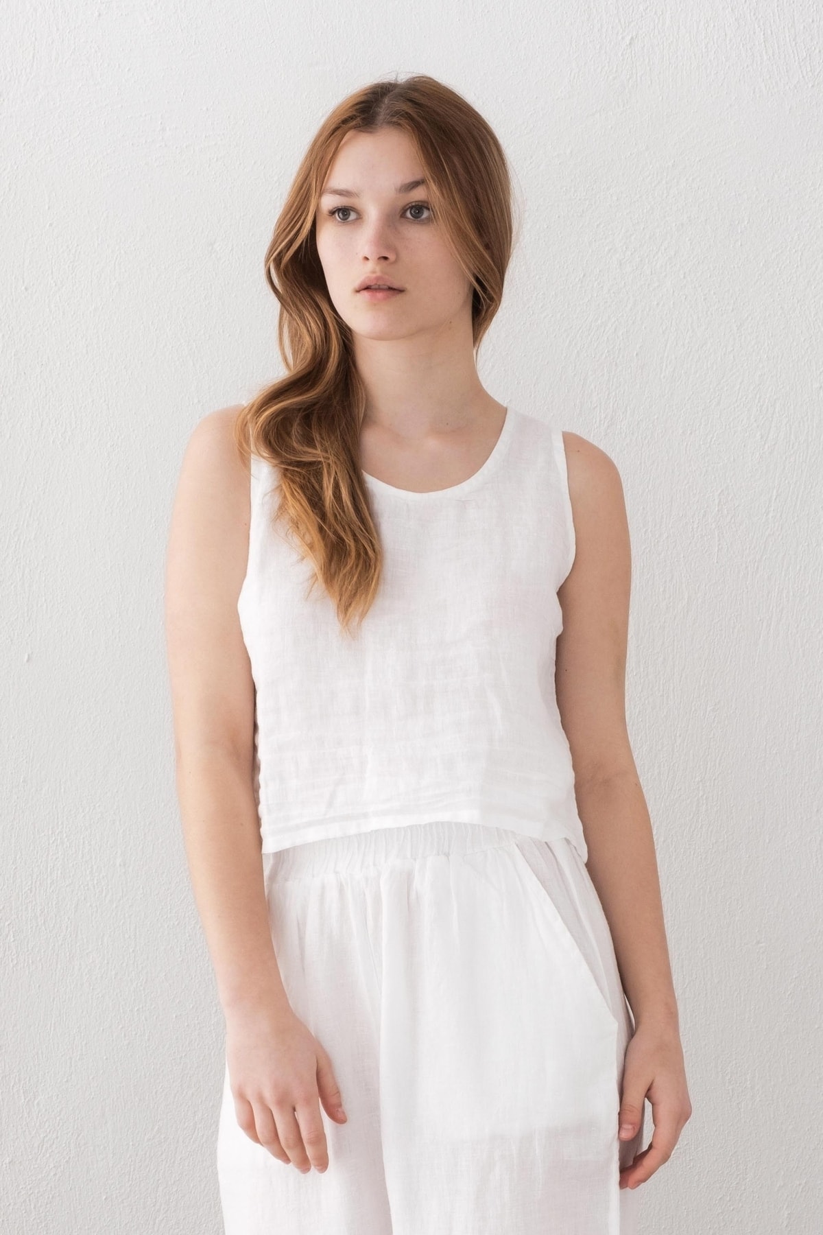 | 100% Linen | Button Back | Sleeveless | Short | Blouse | White