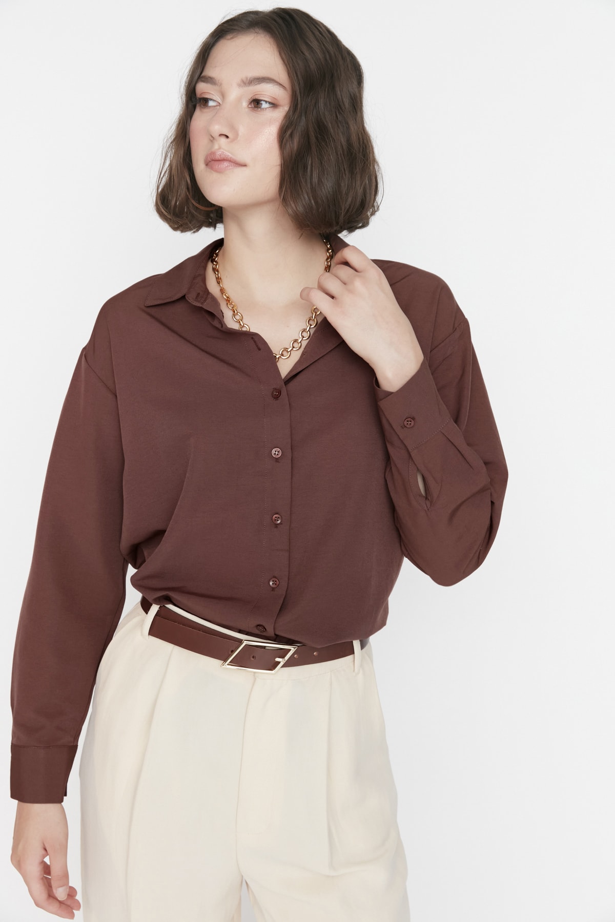 Trendyolmilla  Kahverengi Loose Fit Pamuklu Dokuma Gömlek TWOAW20GO0107 - Görsel 3