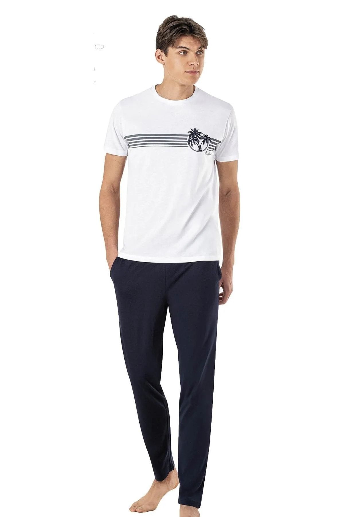 ست پیژامه سفید مردانه لباس خواب 6015 اورجینال Pierre Cardin
