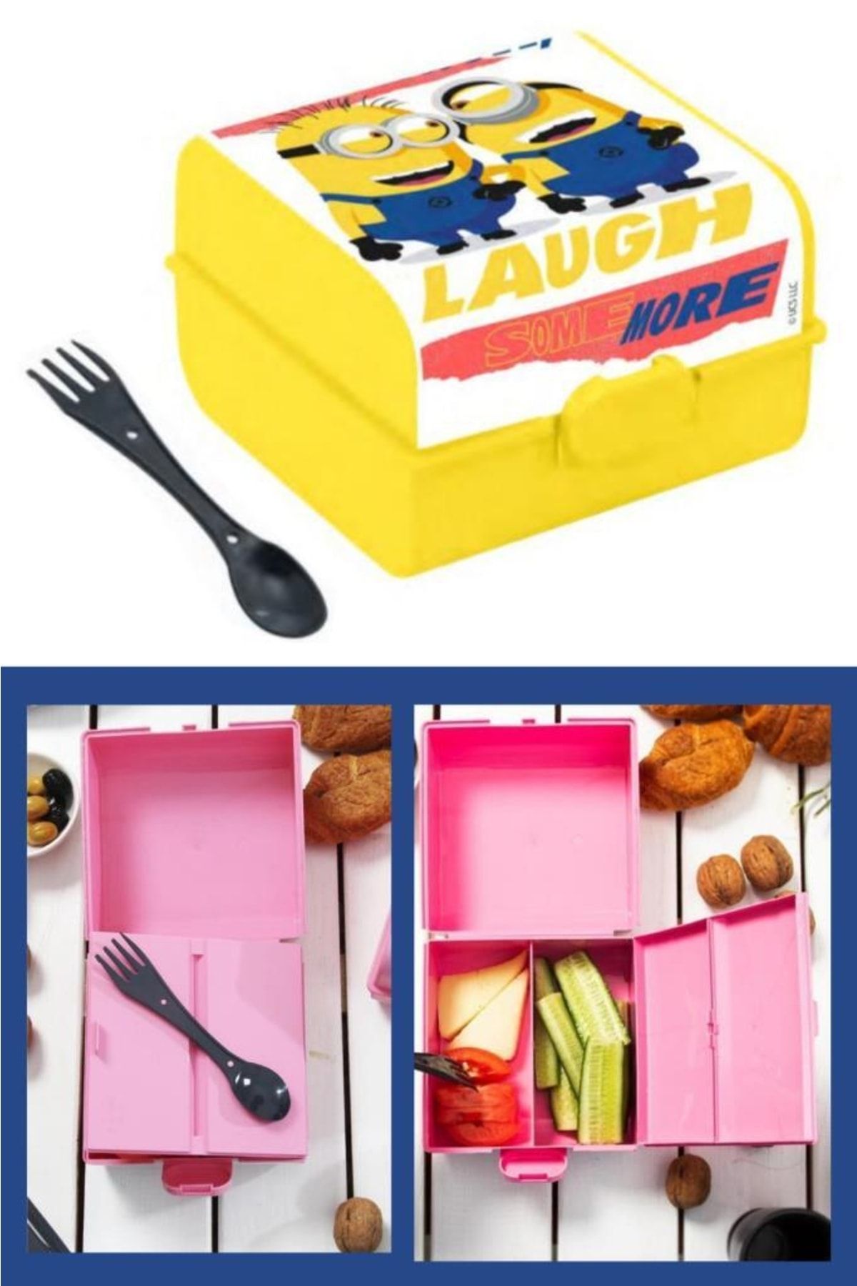 Flosoft-Licensed Minions Lunch Box, Patterned 3 Compartment Locked School Lunch Box with Fork and Spoon 2