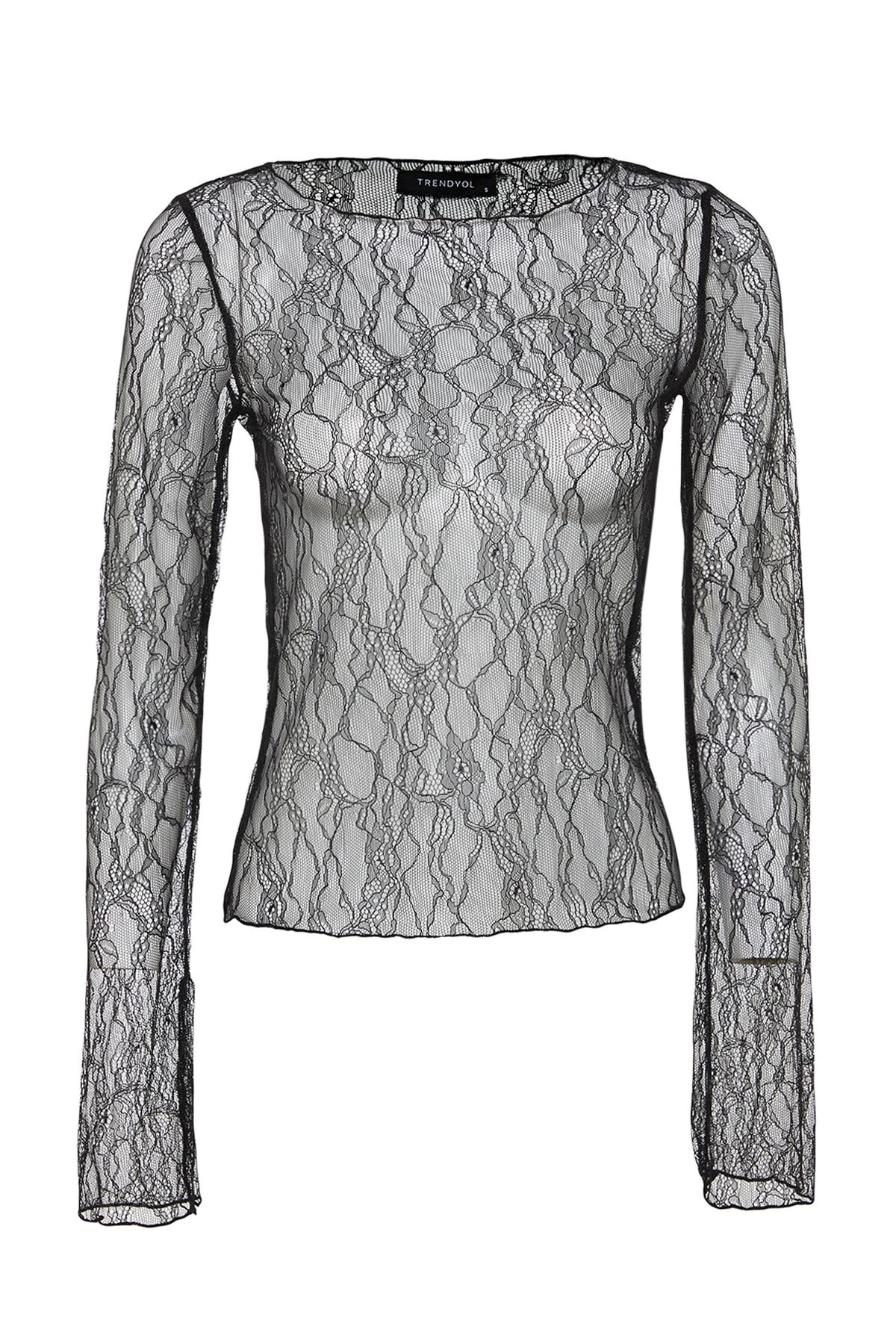 Trendyol Collection-Schwarze Stretch-Strickbluse mit normaler Passform und U-Boot-Ausschnitt aus Spitze TWOSS23BZ00795 6