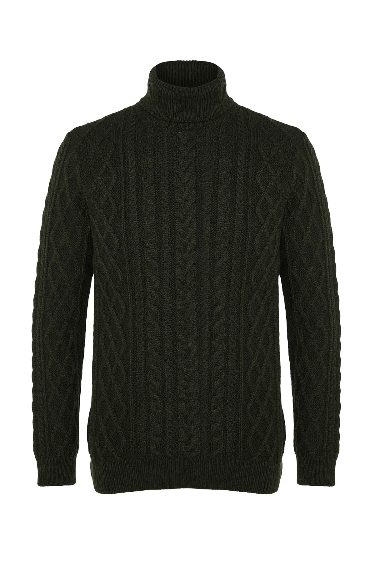 Trendyol Collection-Khaki rolák Slim Fit pletený svetr - Vlasová pletená vlna Tmnaw22Kz0302 7
