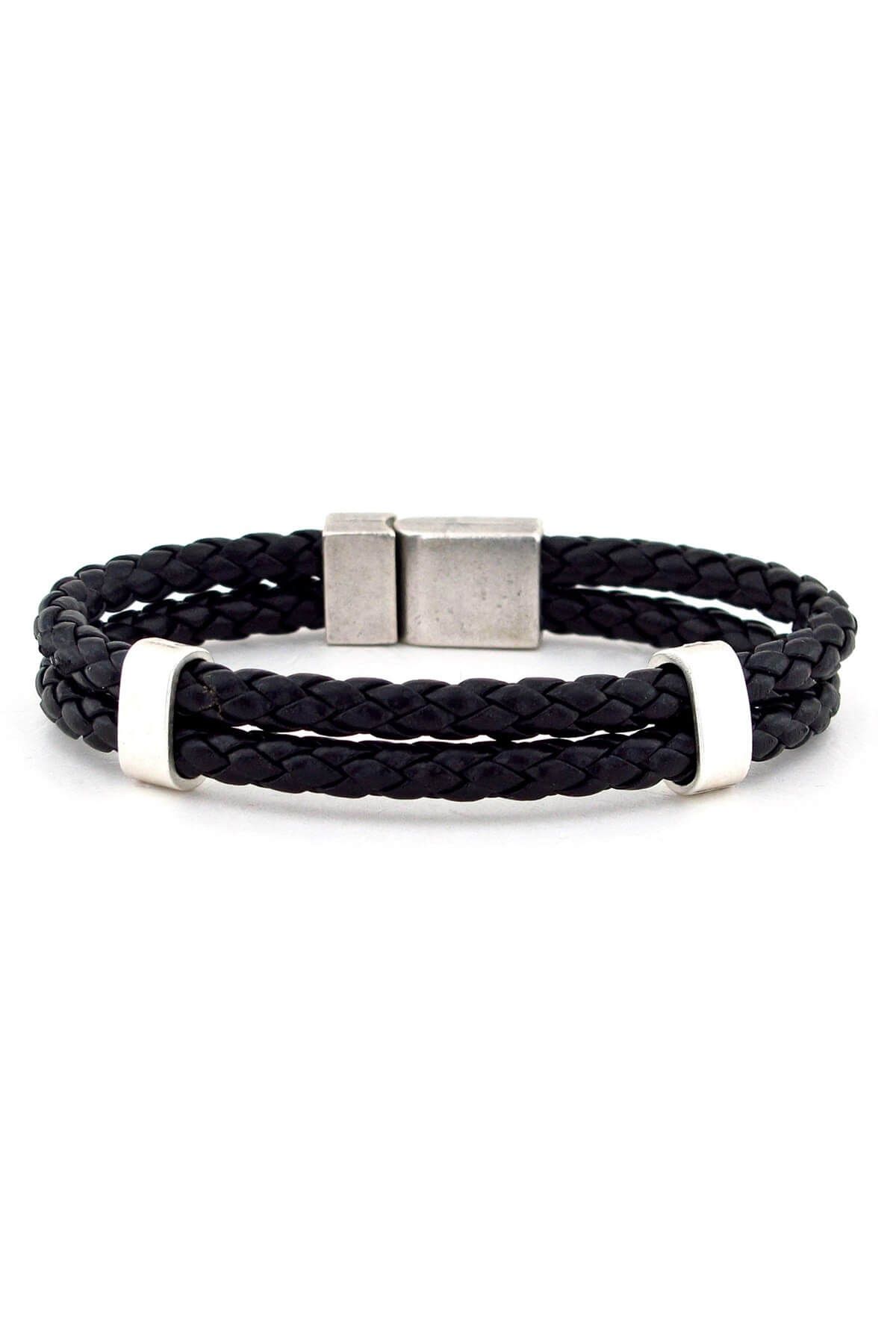 Solfera-Men's Black Knitted Leather Two-Line Bracelet BT454 1