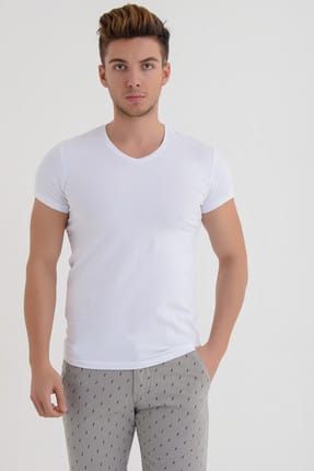 Erkek Beyaz V Yaka Likralı Basic T-shirt T111