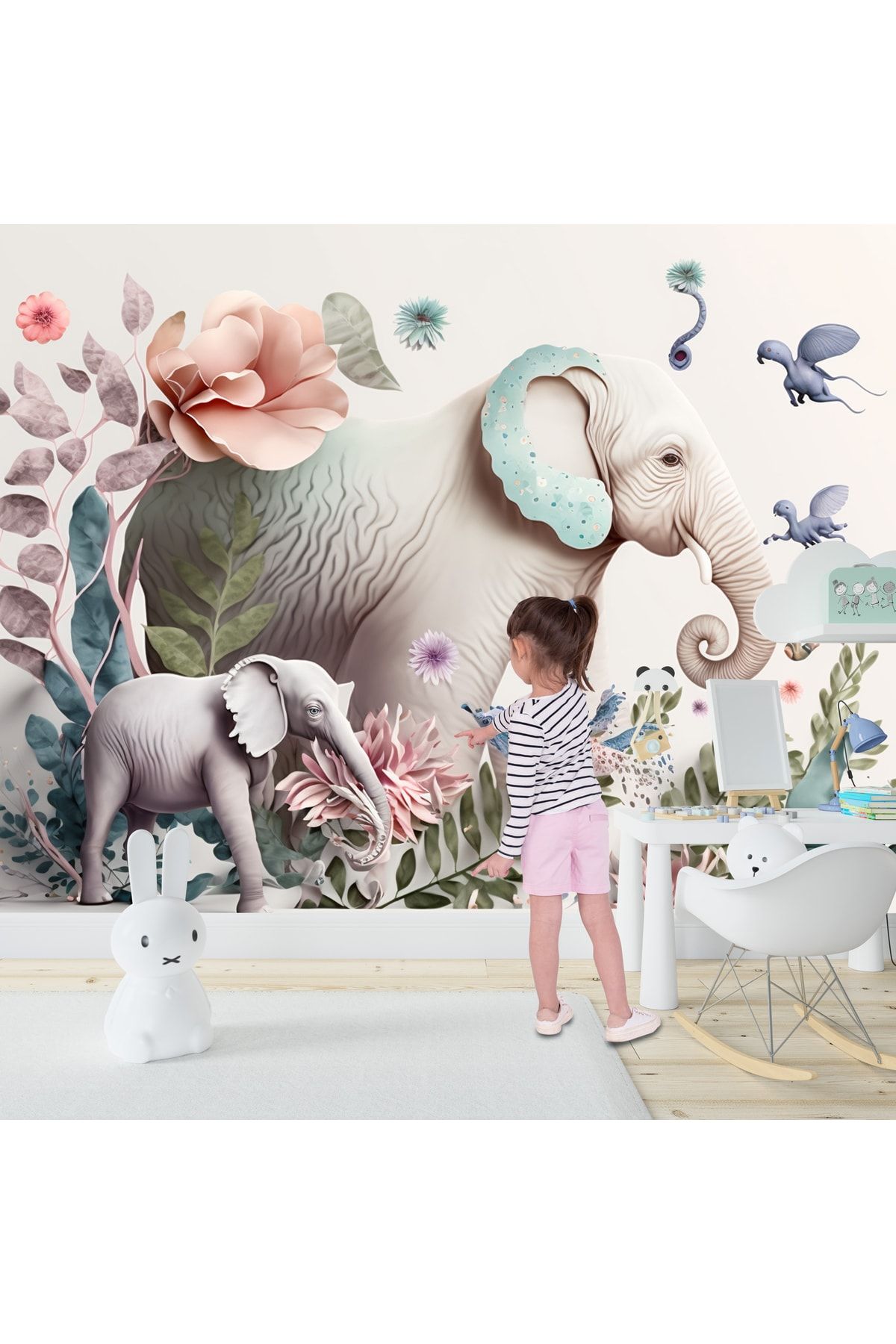 Dekoros-Cute Elephants Watercolor Children's Room Wallpaper Single Piece 3