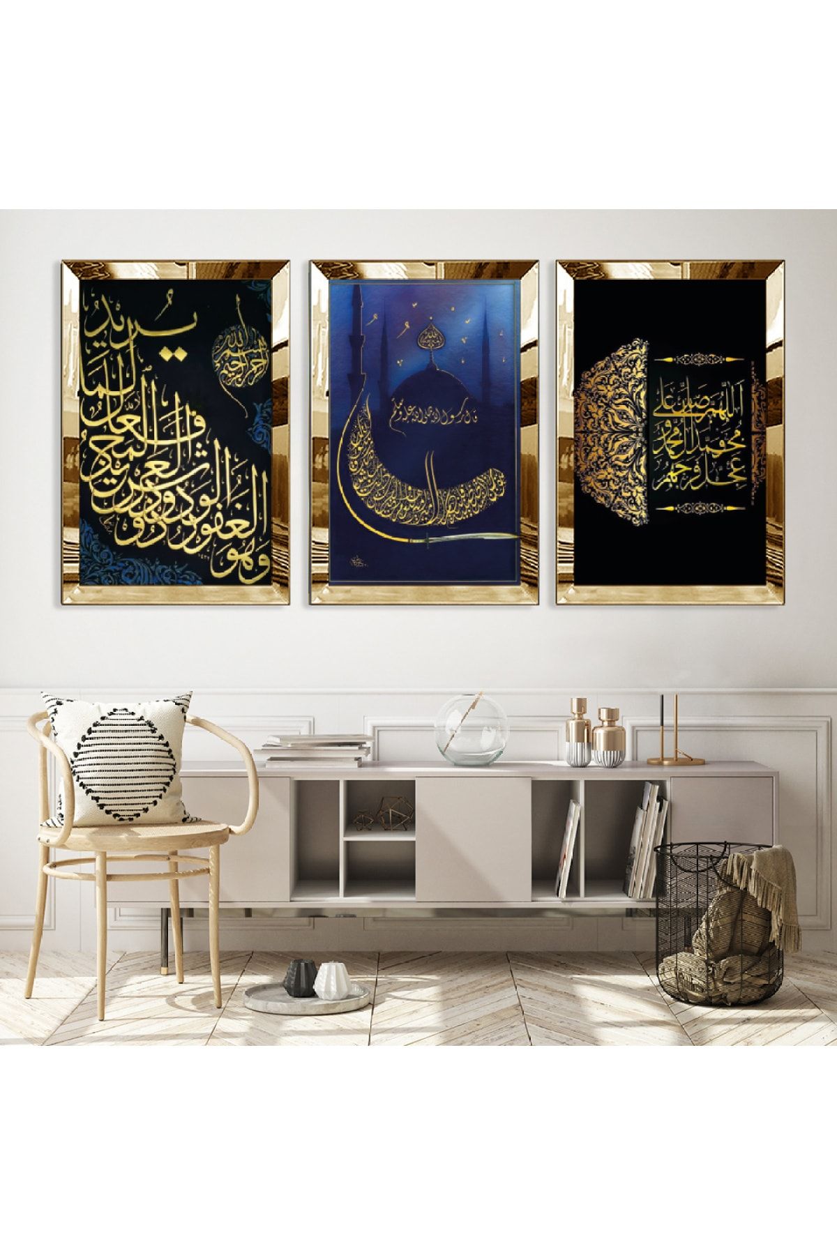Zevahir Mobilya Dekorasyon-Gold Mirrored Plexiglass Framed Mosque Triple Mdf Table Set 1