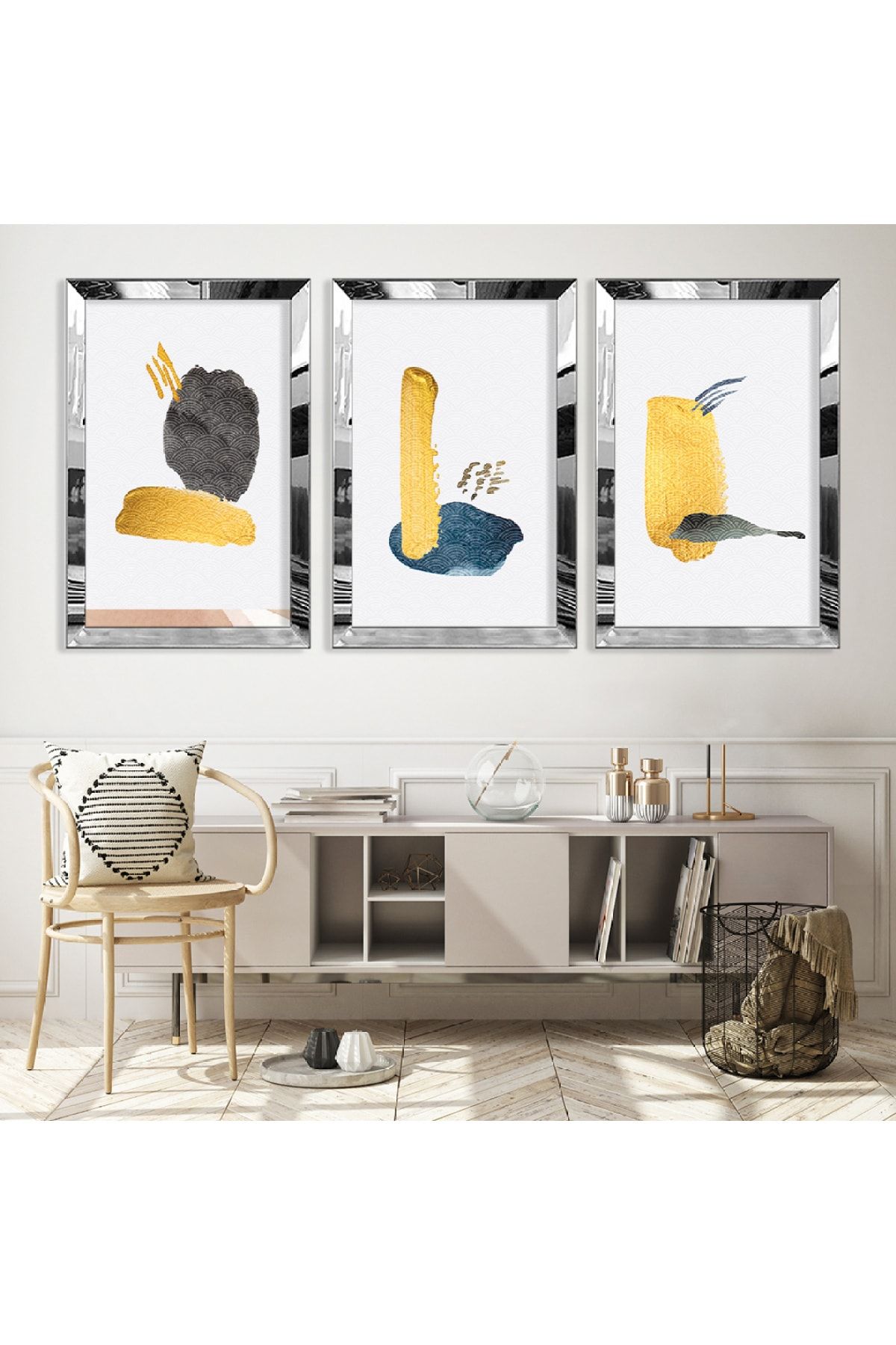 Zevahir Mobilya Dekorasyon-Silver Mirrored Plexiglass Framed Triple Abstract Pattern Shapes Triple Mdf Table Set 1
