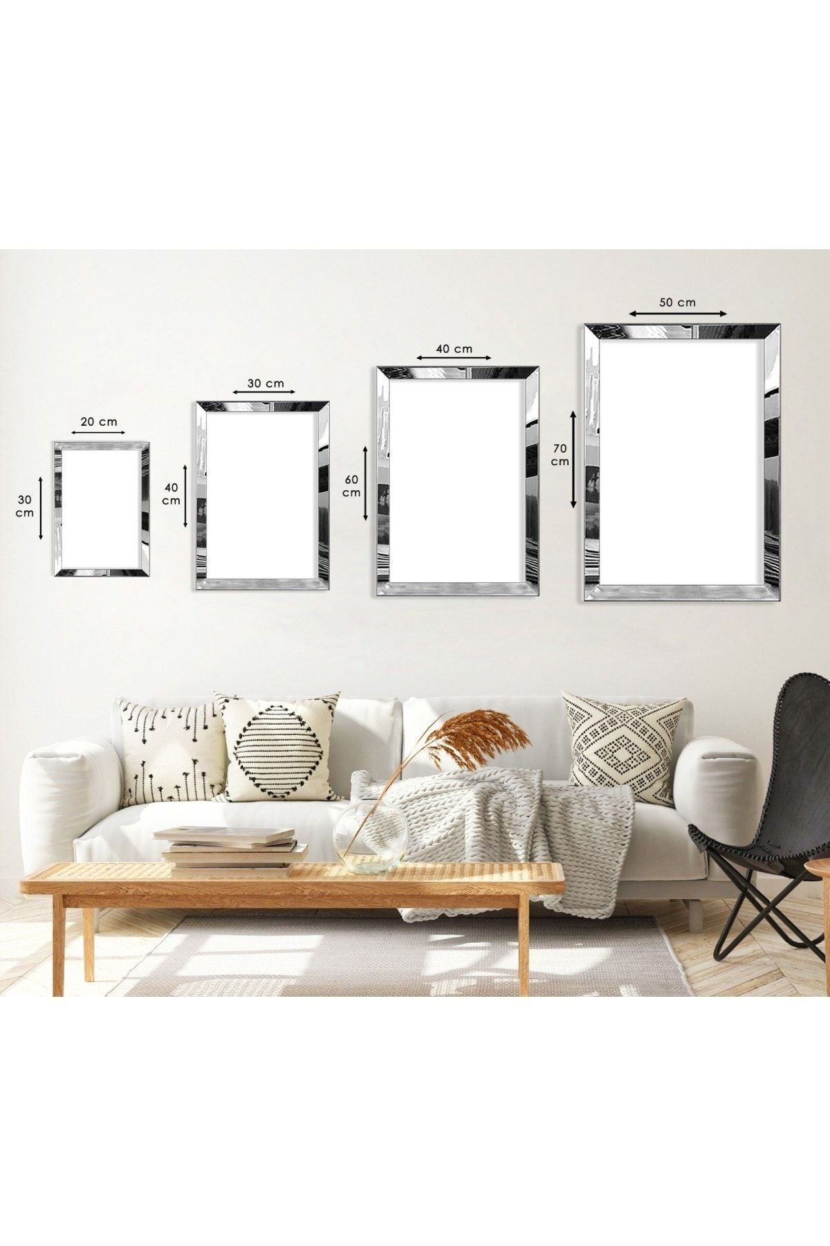 Zevahir Mobilya Dekorasyon-Silver Mirrored Plexiglass Framed Triple Abstract Pattern Shapes Triple Mdf Table Set 2