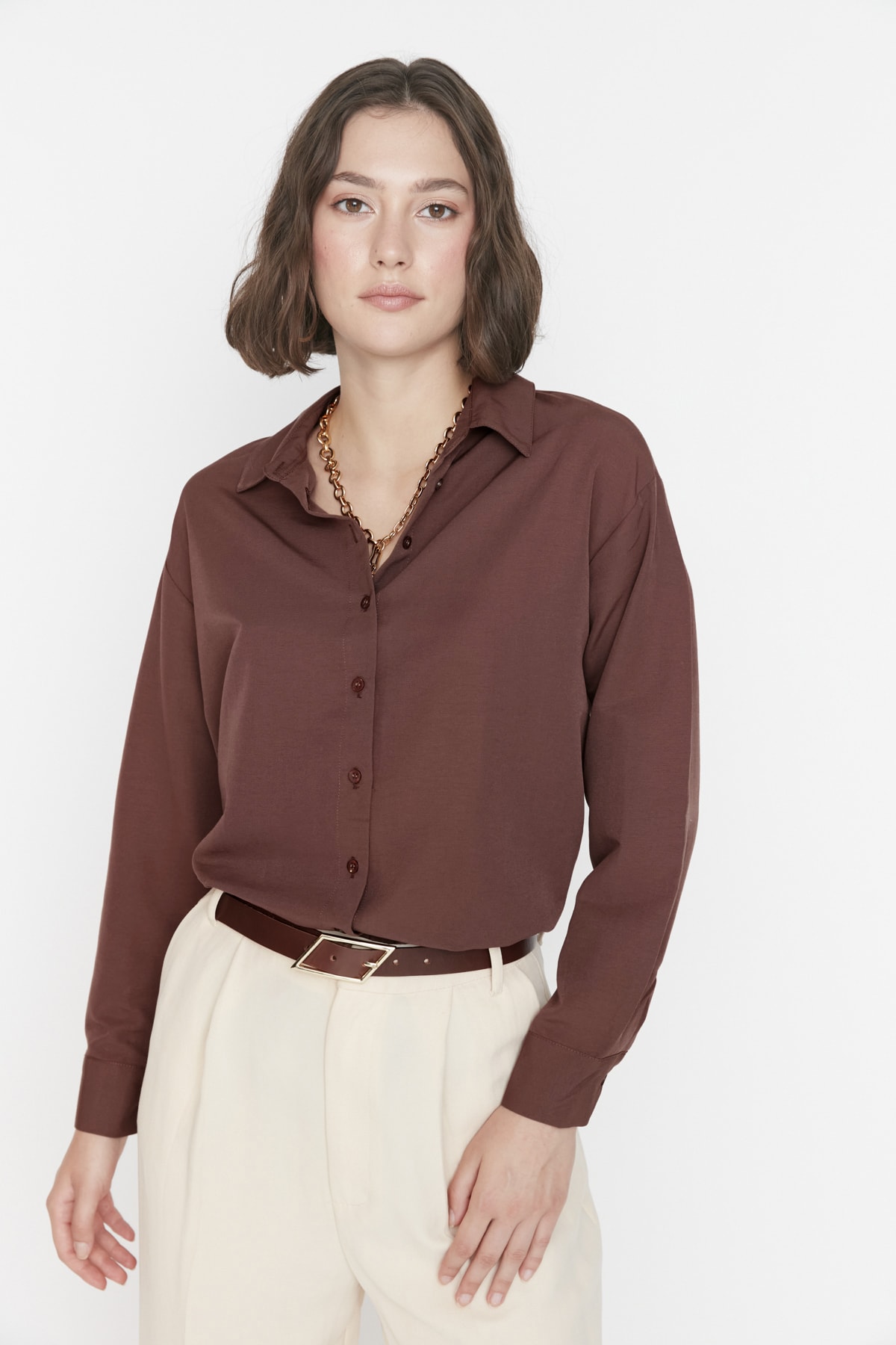 Trendyolmilla  Kahverengi Loose Fit Pamuklu Dokuma Gömlek TWOAW20GO0107 - Görsel 4