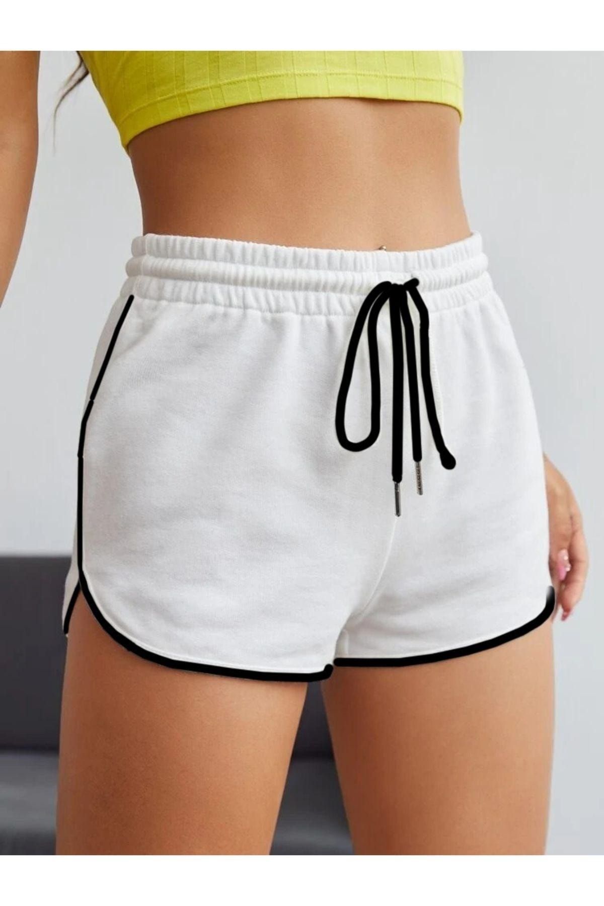 ORLONTEX-Women's White Piping Detailed Mini Shorts 2