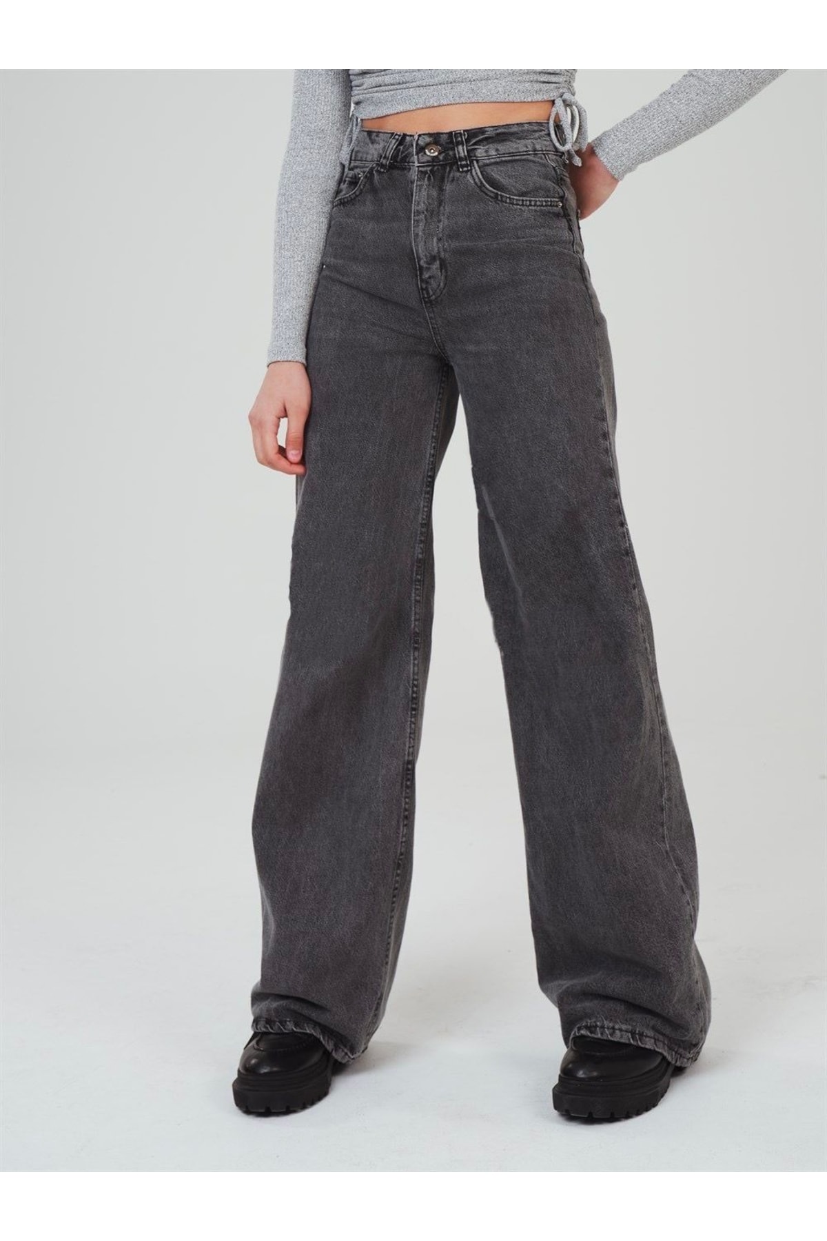 Melisa Loose Jeans Smoked Snow Lycra Palazzo Wide Leg Jeans