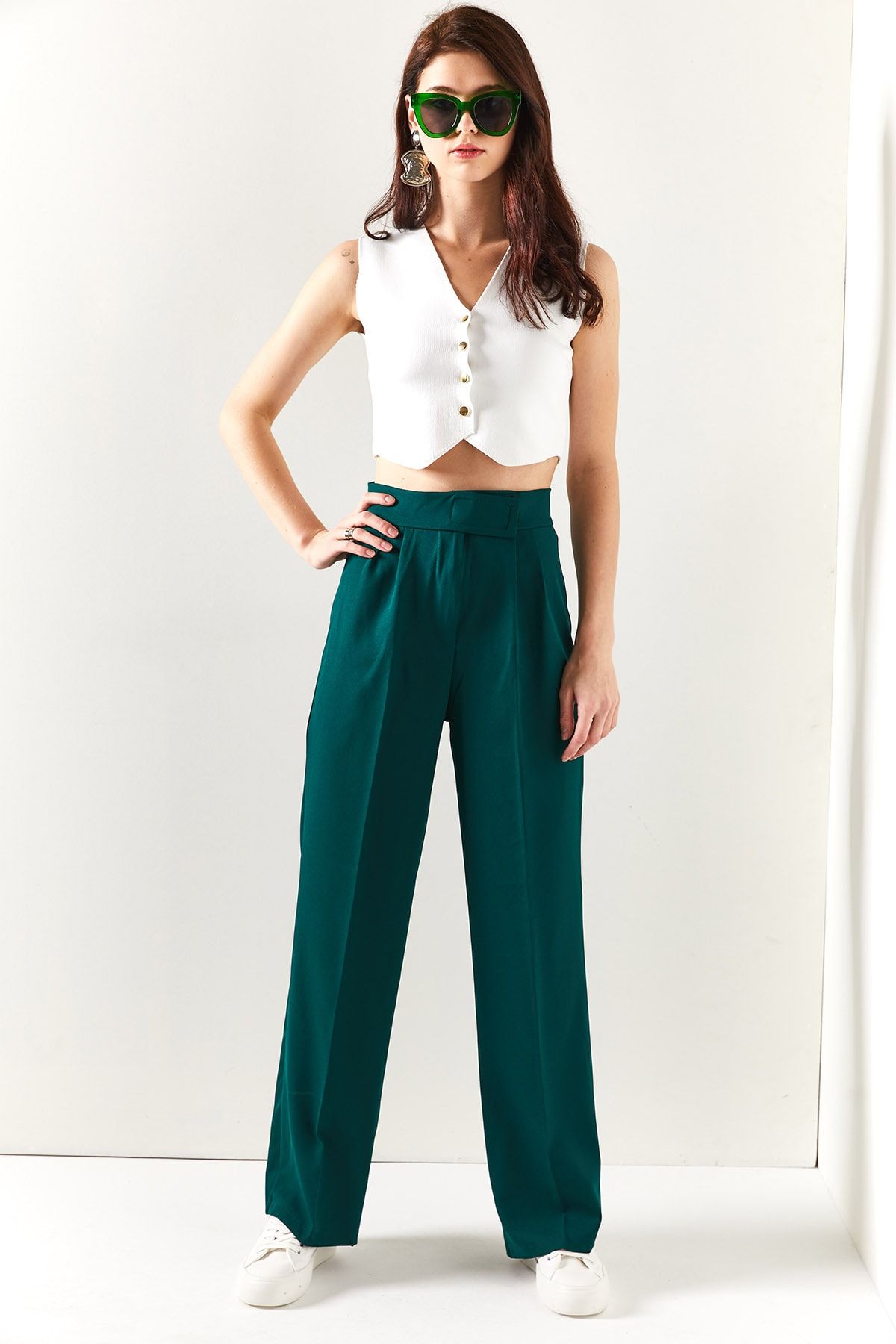 Olalook-Smaragdgrüne, plissierte Palazzo-Hose mit Klettverschluss an der Taille für Damen PNT-19000222 3