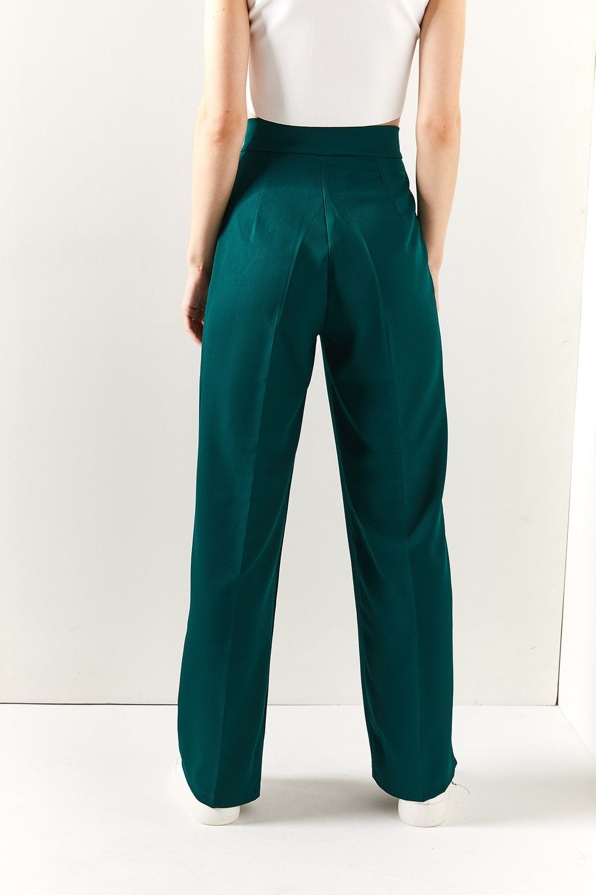 Olalook-Smaragdgrüne, plissierte Palazzo-Hose mit Klettverschluss an der Taille für Damen PNT-19000222 5