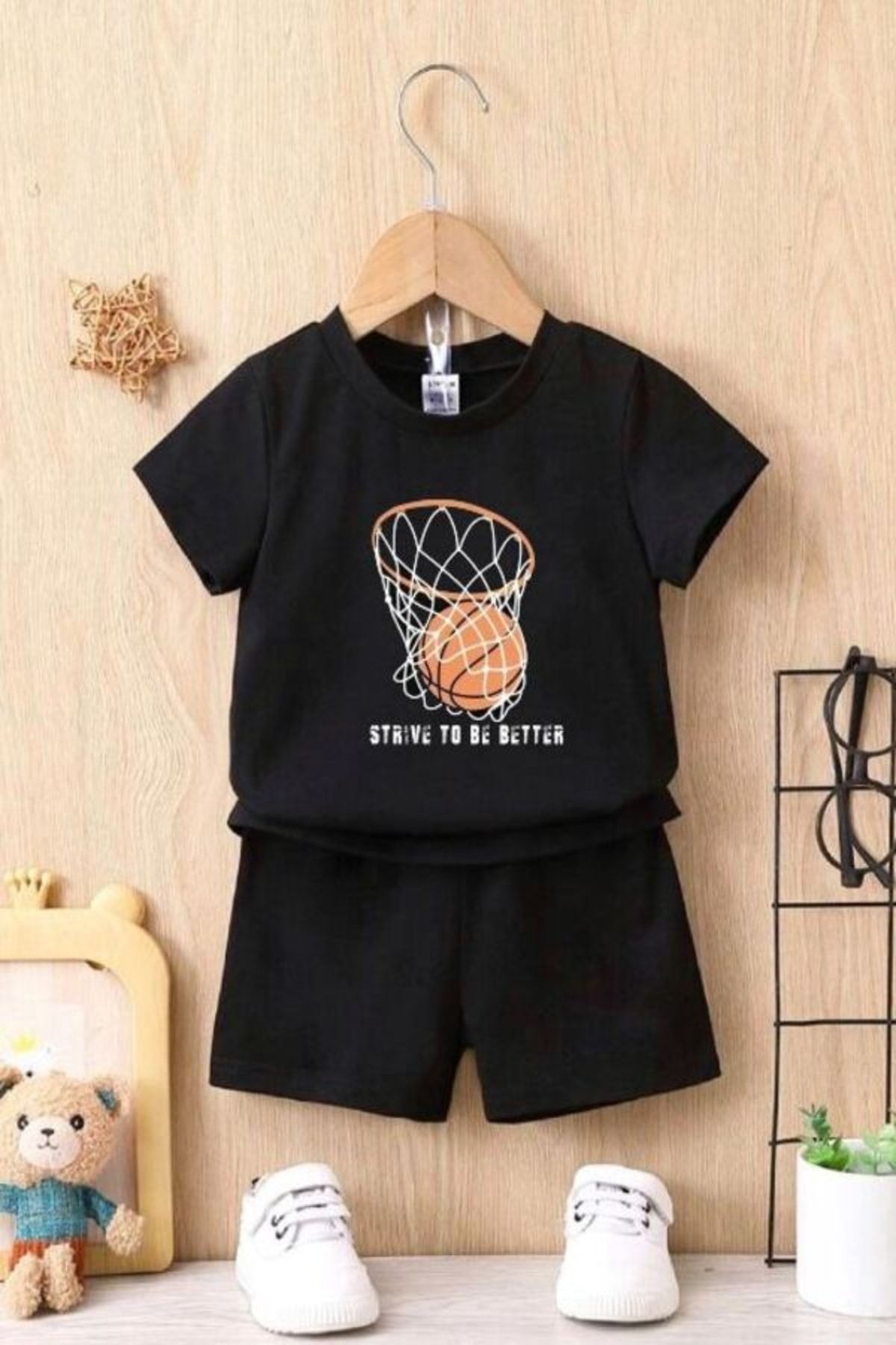 LOUİSA Set De Tricou Cu Coș De Baschet Cu Imprimeu Negru Pentru Copii Masculin - 11–12 years
