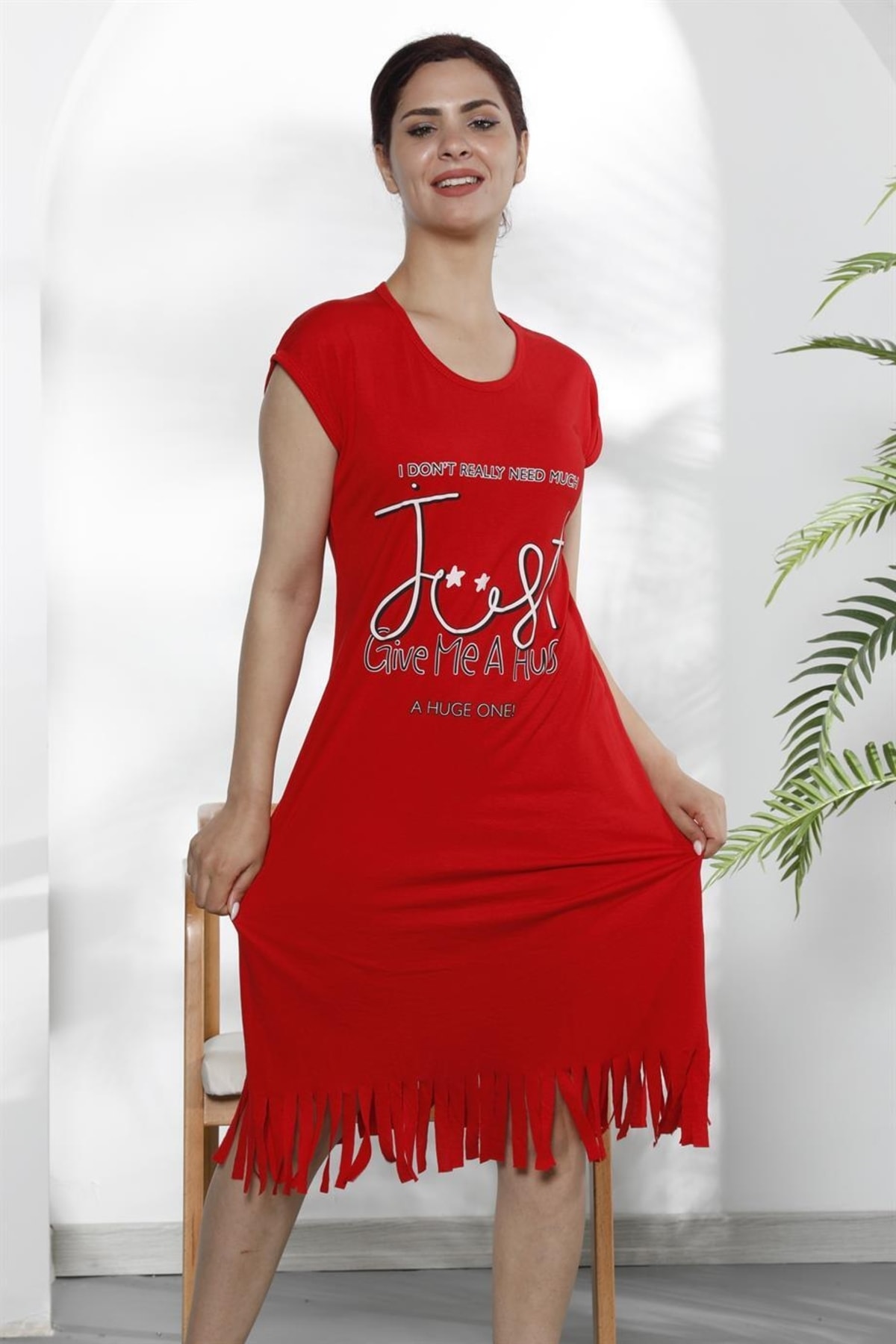 PIJAMASSTORE Just Gıve Me Baskılı Kırmızı Gecelik Elbise