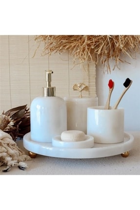 Akayev Mermer Beyaz 5 Parça Altın Ginkgo Banyo Seti