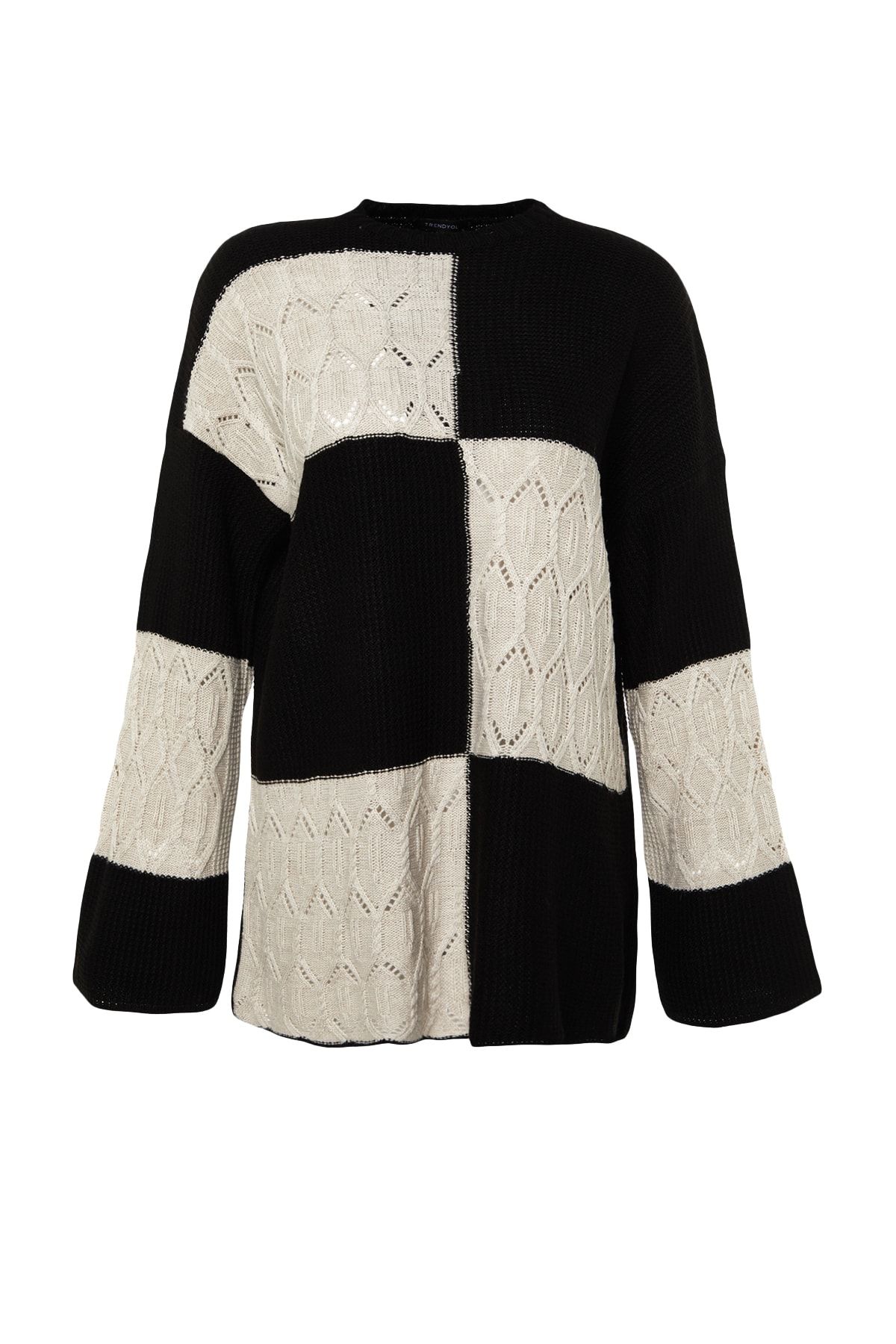 Trendyol Modest-Schwarzer durchbrochener/perforierter Farbblock-Strickpullover TCTAW24AK00055 6