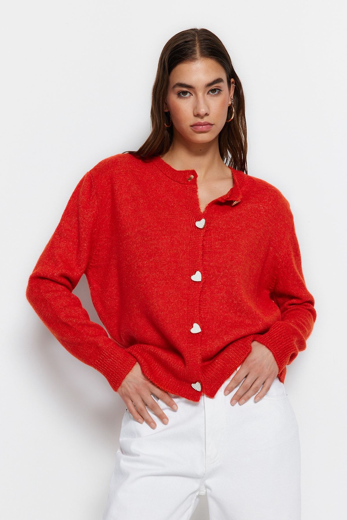 Trendyol Collection Weicher Strick-Cardigan mit orangefarbenen ...