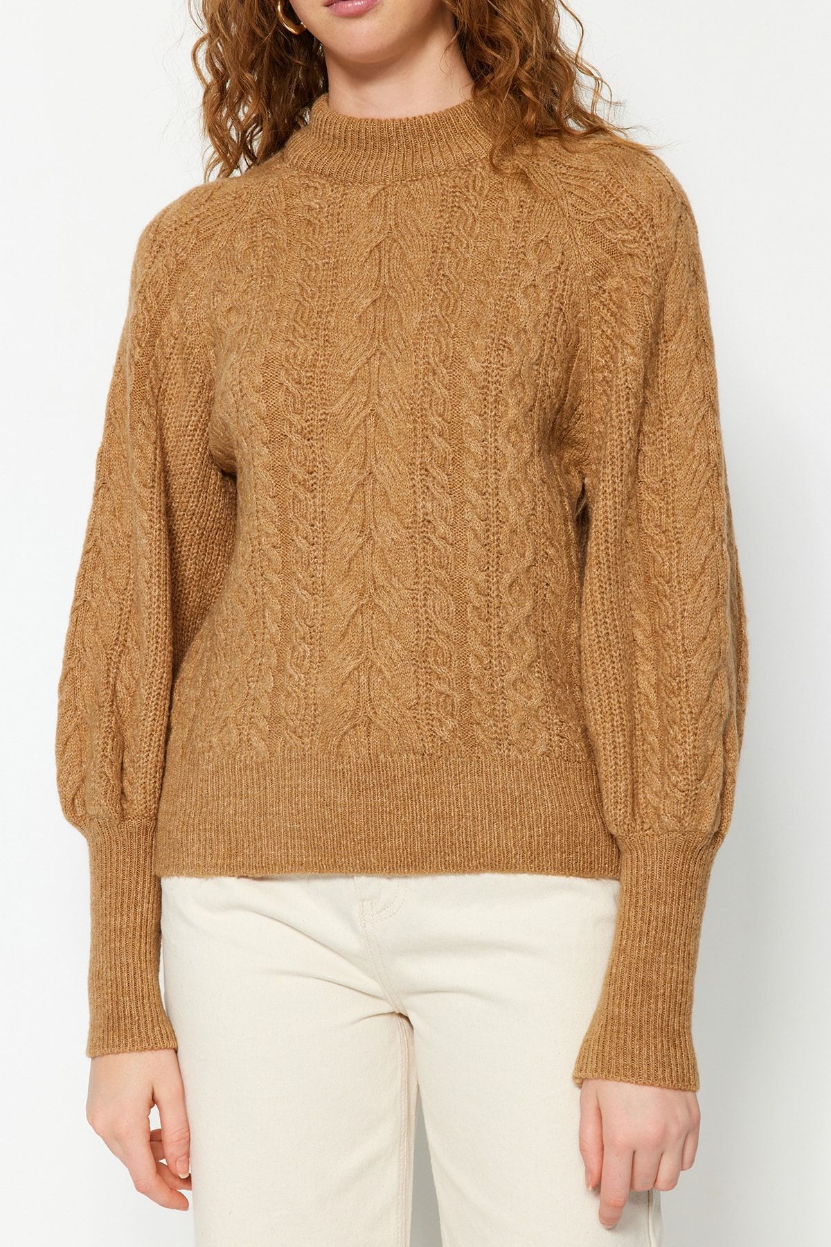 Trendyol Collection-Pulover împletit din păr cu textura moale Camel TWOAW21KZ0109 3