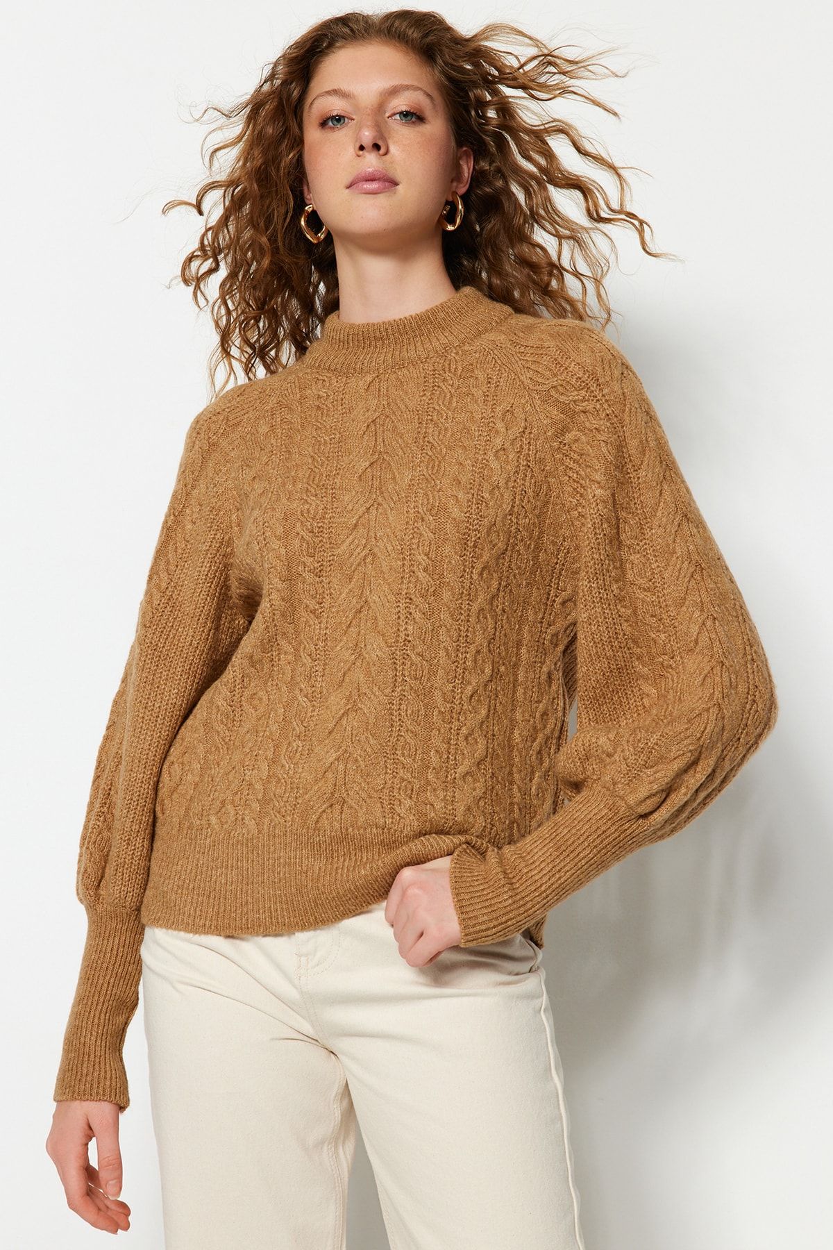 Trendyol Collection-Pulover împletit din păr cu textura moale Camel TWOAW21KZ0109 4