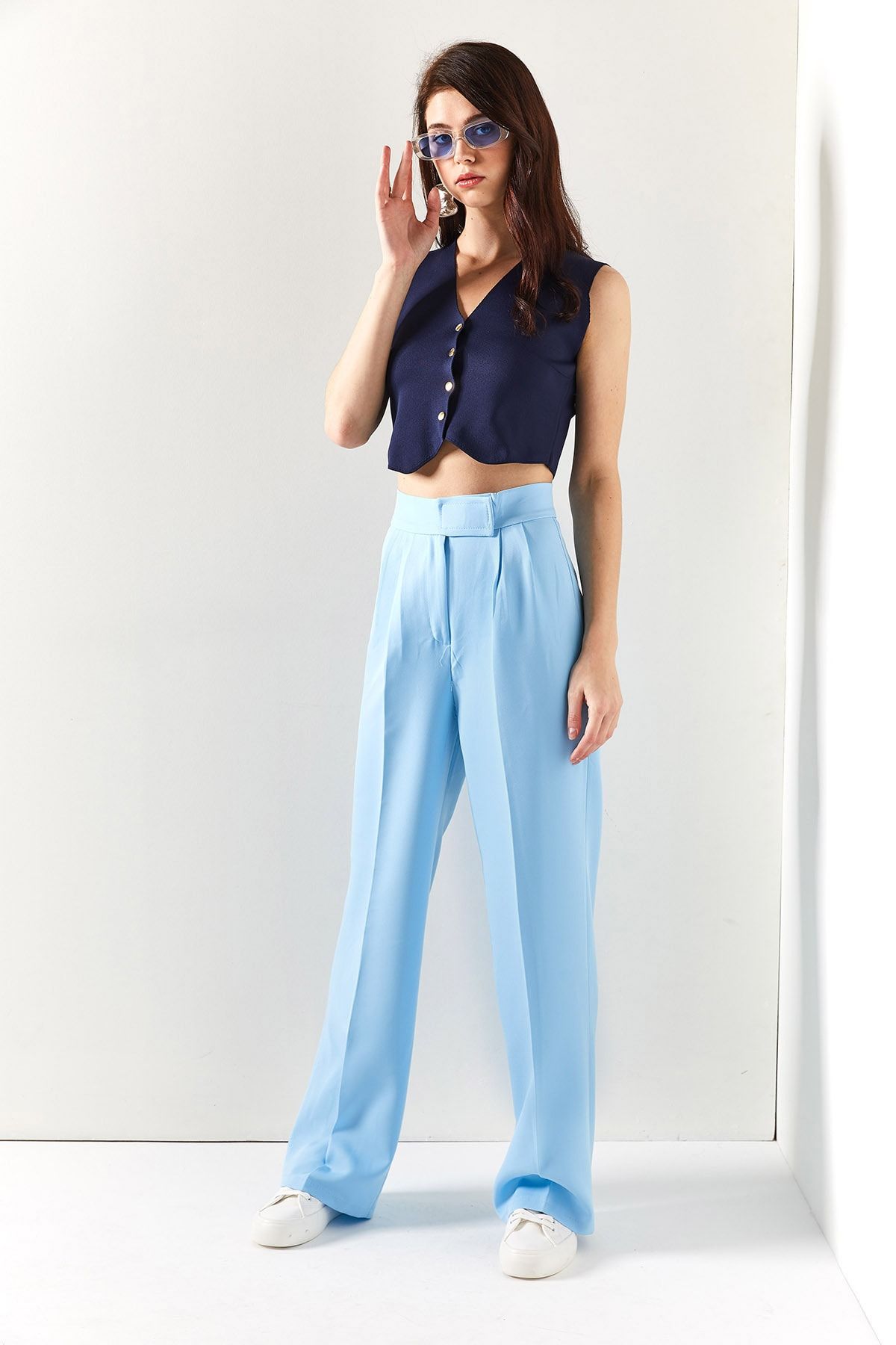 Olalook Women s Baby Blue Velcro Waist Pleated Palazzo Pants PNT