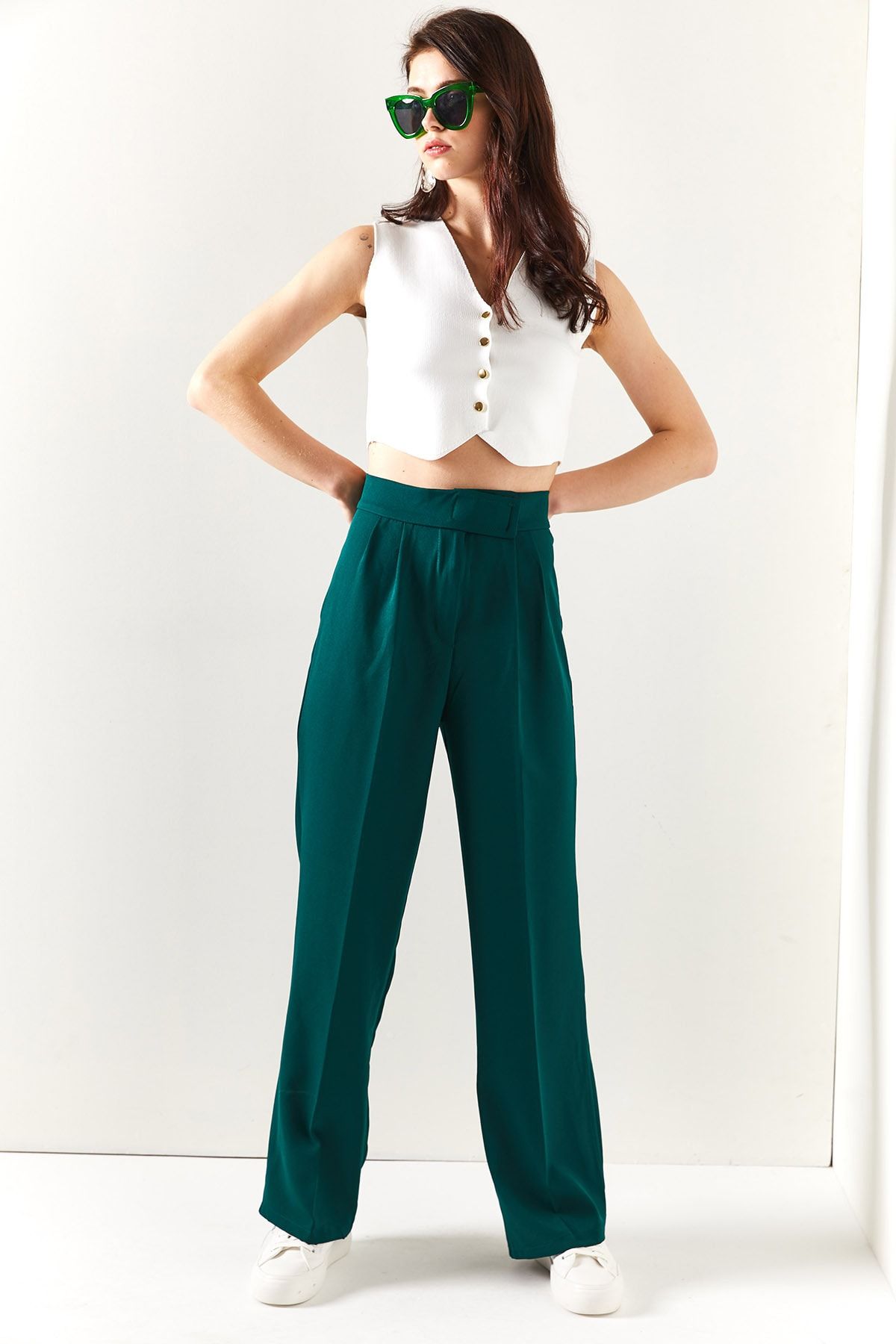Olalook-Smaragdgrüne, plissierte Palazzo-Hose mit Klettverschluss an der Taille für Damen PNT-19000222 4