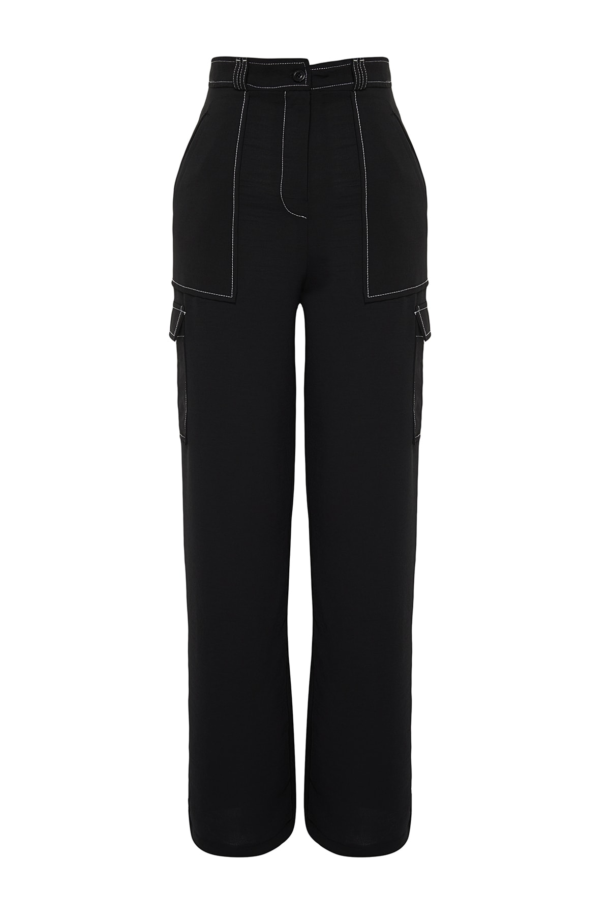Trendyolmilla  Siyah Kargo Geniş Paça Kontrast Dikiş Detaylı Dokuma Pantolon TWOSS21PL0288 - Görsel 7