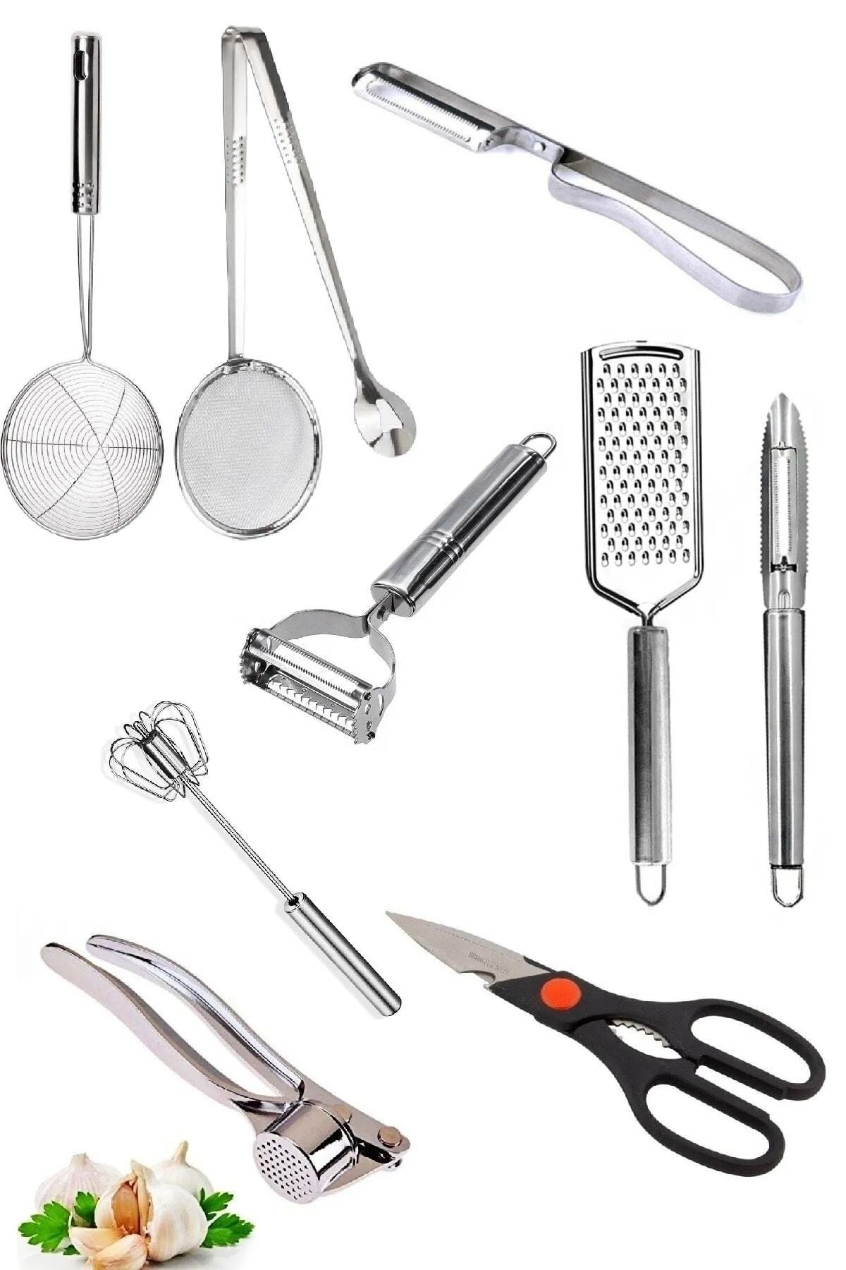 Trouvaille-Side Peeler Colander Strainer Tongs Beater Potato Peeler Grater Garlic Crusher Kitchen Scissors 1