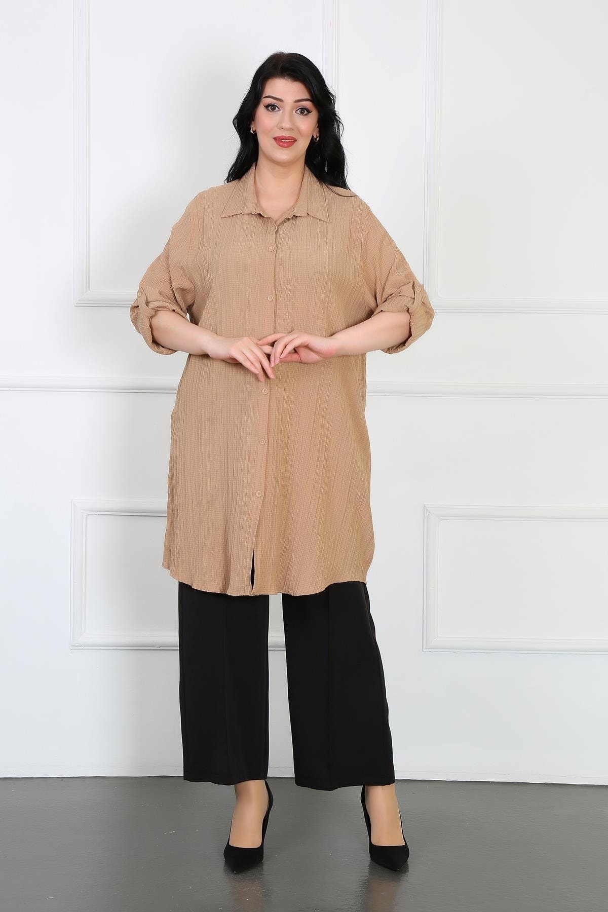 By Alba Collection Kadın Vizon Bürümcük Kumaş Büyük Beden Tunik