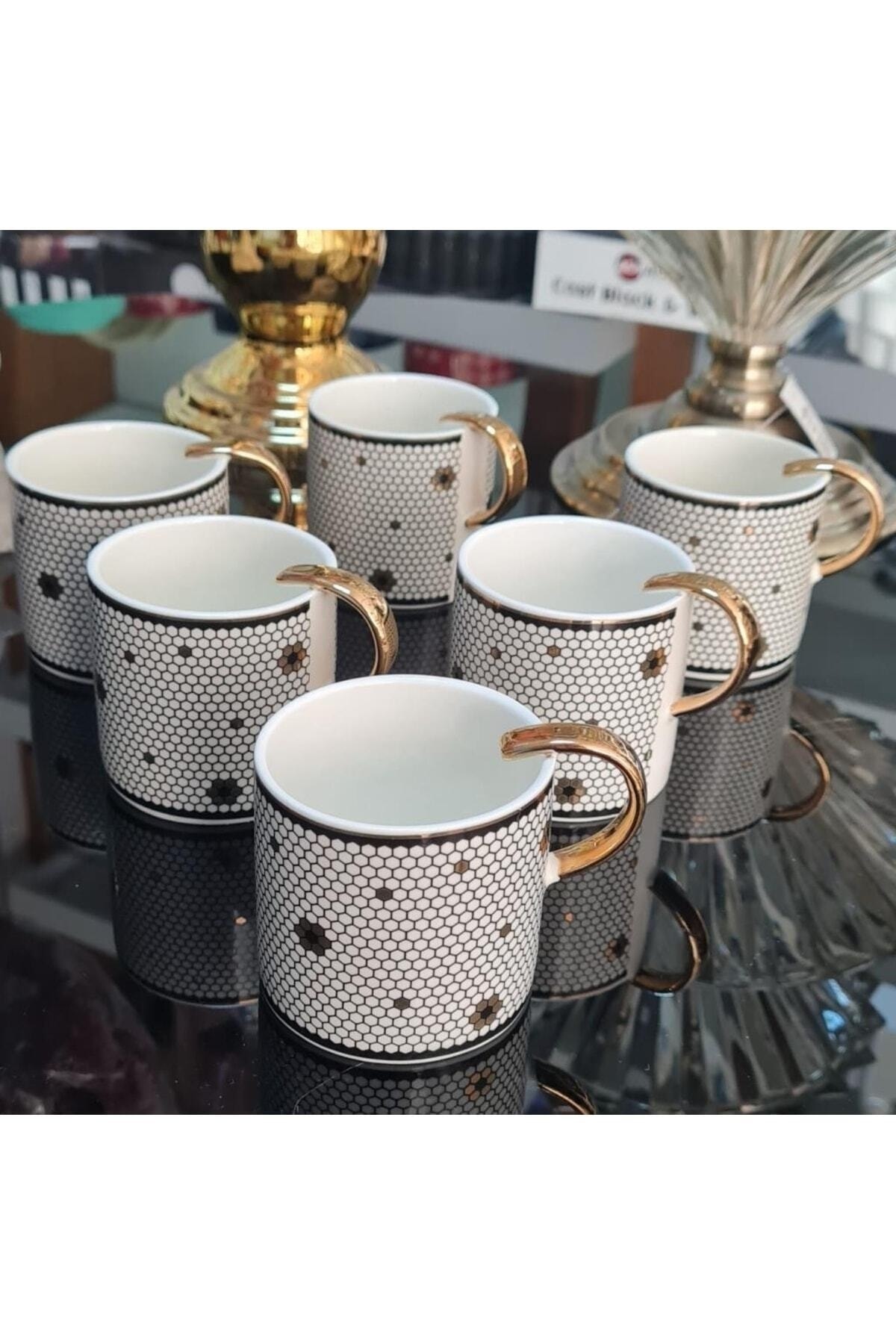 ACAR Petek Desen 6 Lı Gold Kulplu 200 Ml Porselen Kupa Takımı 0195 ...