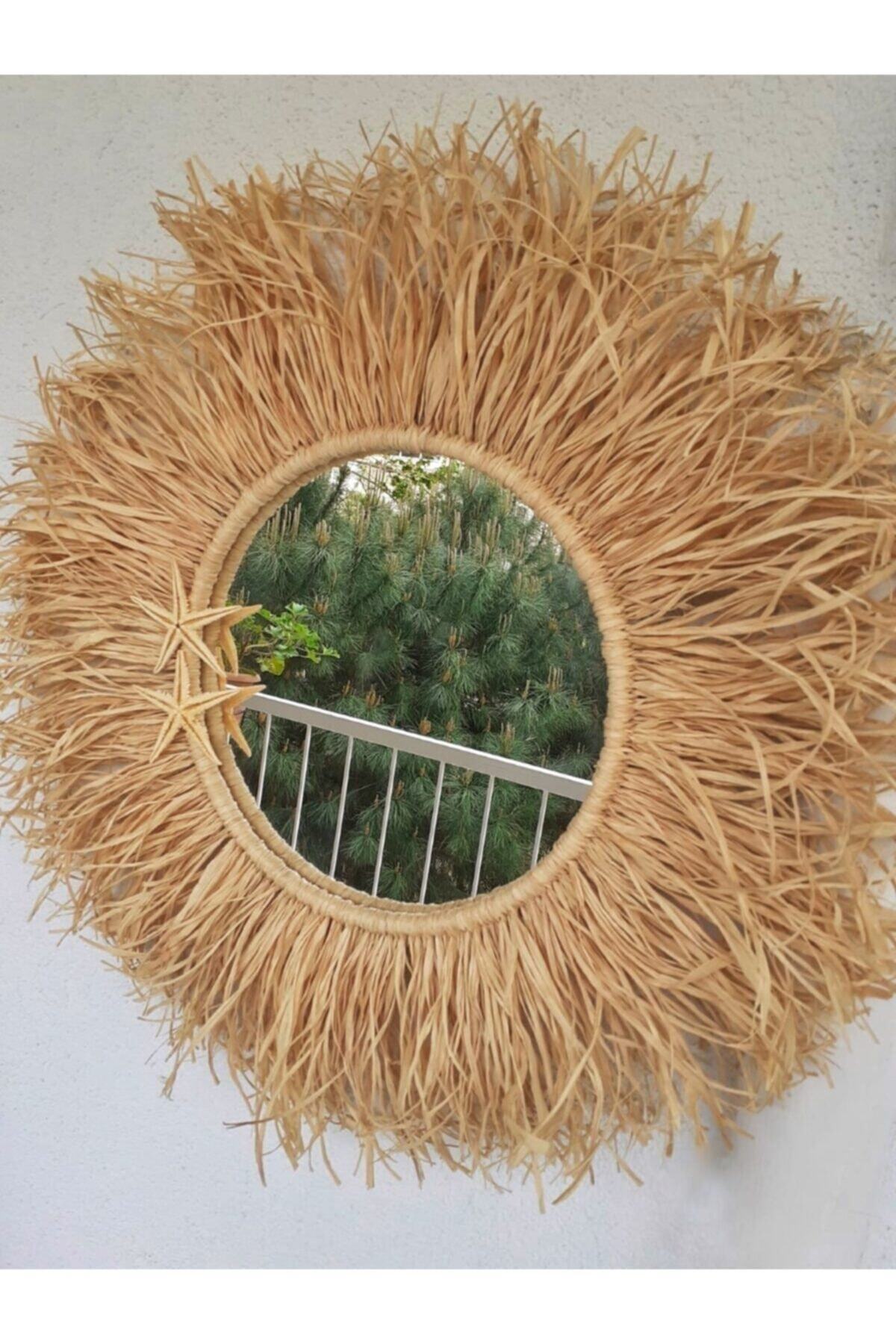Dekoratif Aynalı Rafya Duvar Süsü Bohemian Style 55 Cm Ayna