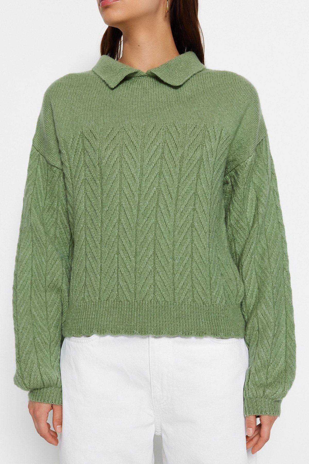 Trendyol Collection-Mint Wide Fit Soft Textured Hair Braided Knitwear Sweater TWOAW22KZ1620 4