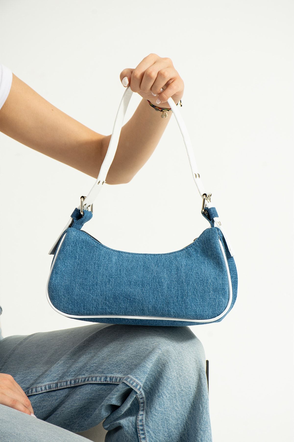 besmoda Women s White Denim Baguette Hand and Shoulder Bag