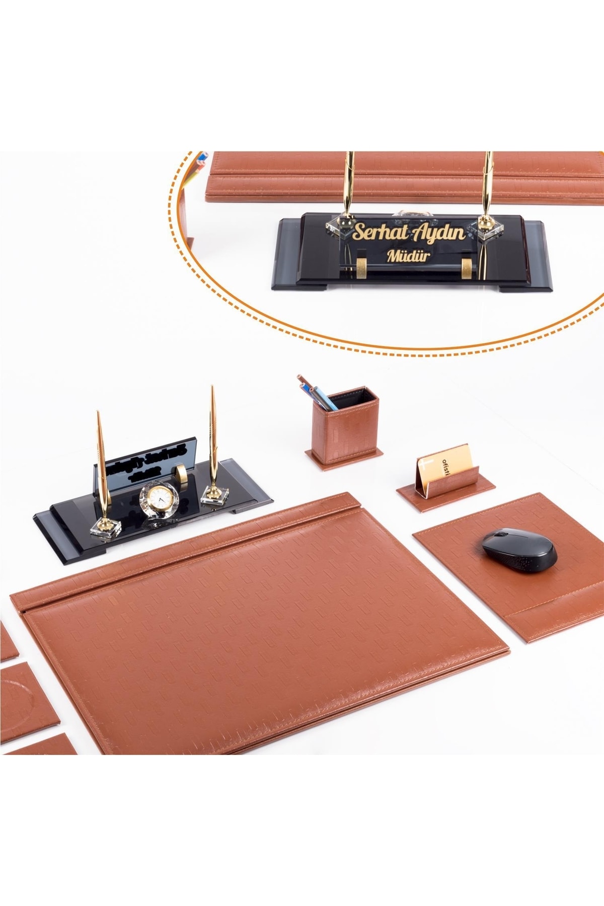 Ofistike Taba Hasır Sümen Takımı Elit Kristal Masa Isimliği Lüks Ofis Sümen Seti Ve Masa Isimlik