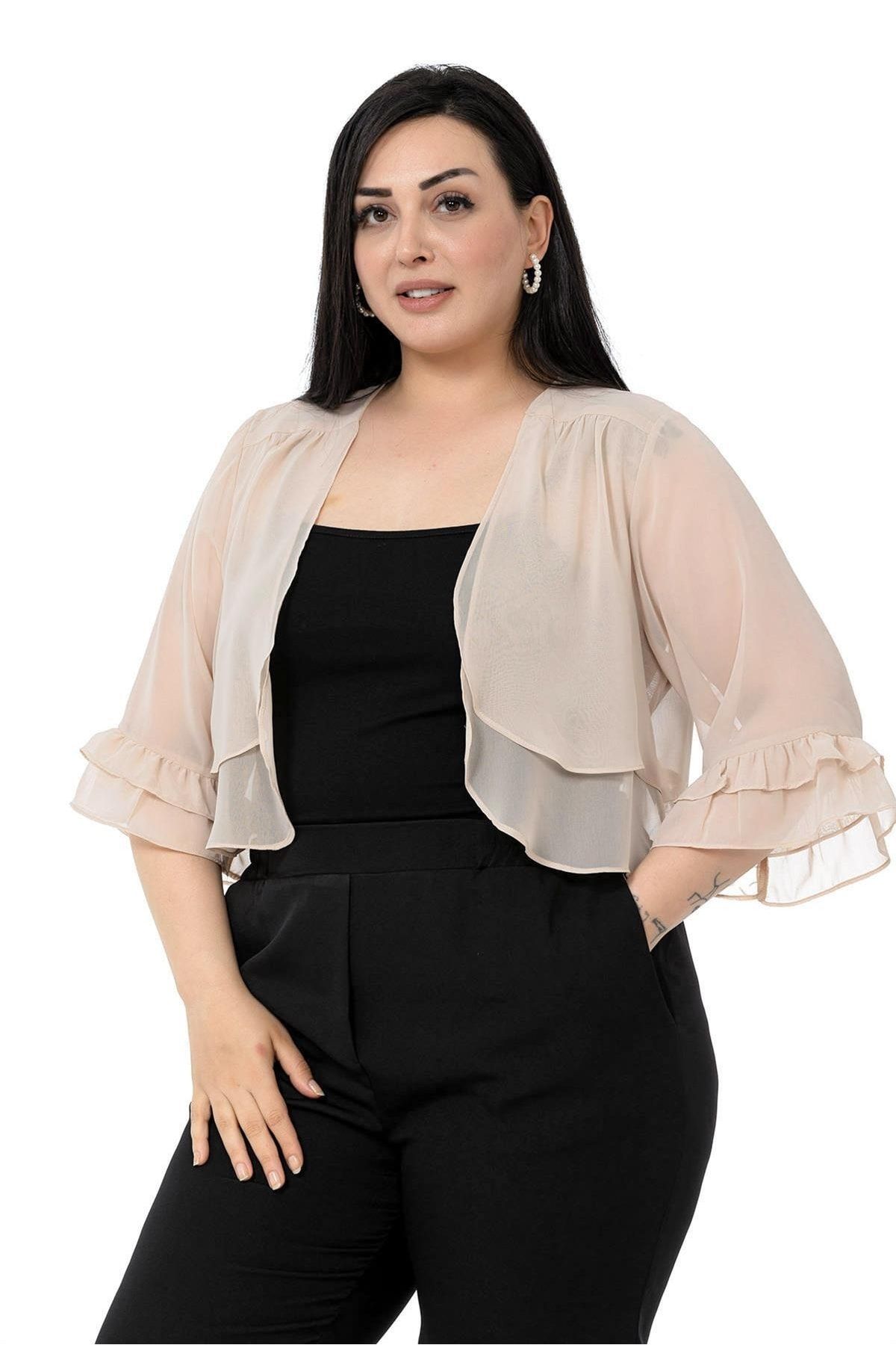 DISENTIS MODEST-Plus Size Chiffon Beige Bolero with Double Layer Front Sleeve and Ruffle Back 4