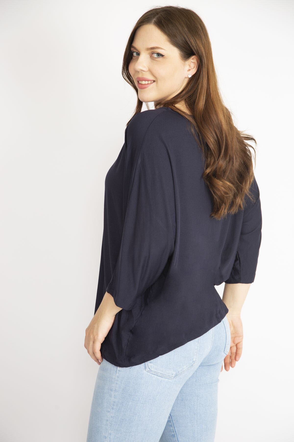 Şans-Γυναικεία μπλούζα Navy Blue Large Size Capri Sleeve with Crew Neck 65n36315 3