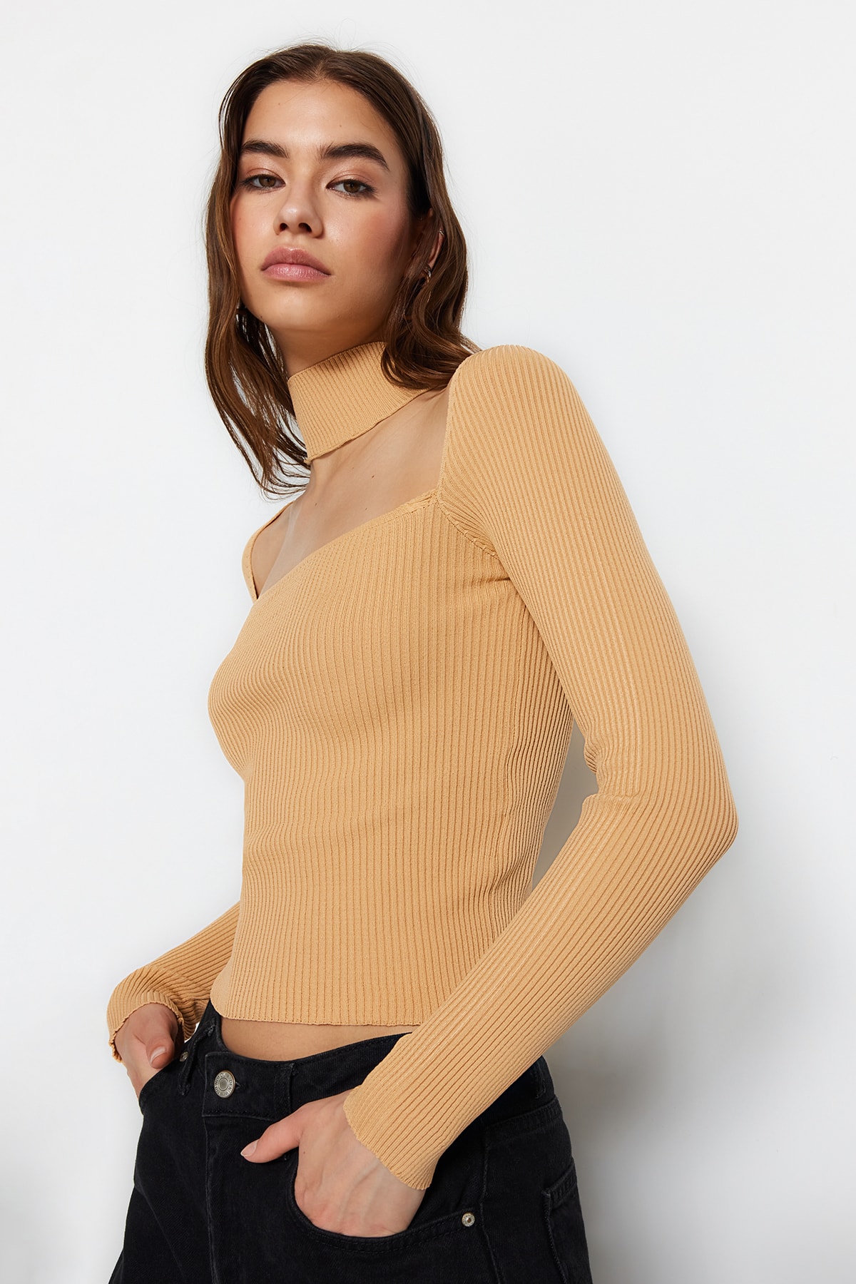 Trendyol Collection Pullover Beige Slim Fit