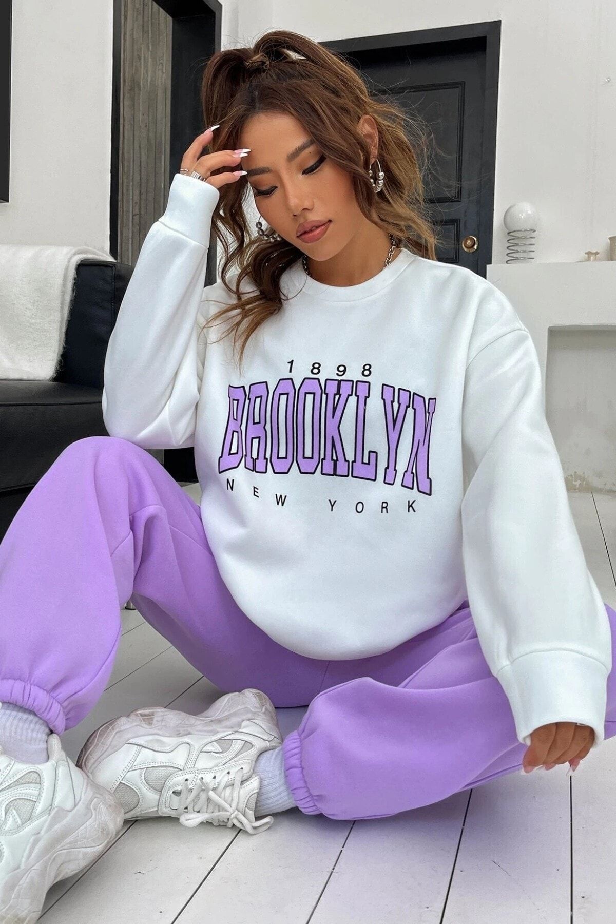 MODAGEN Women s Purple White Brooklyn Print Oversize Crew Neck