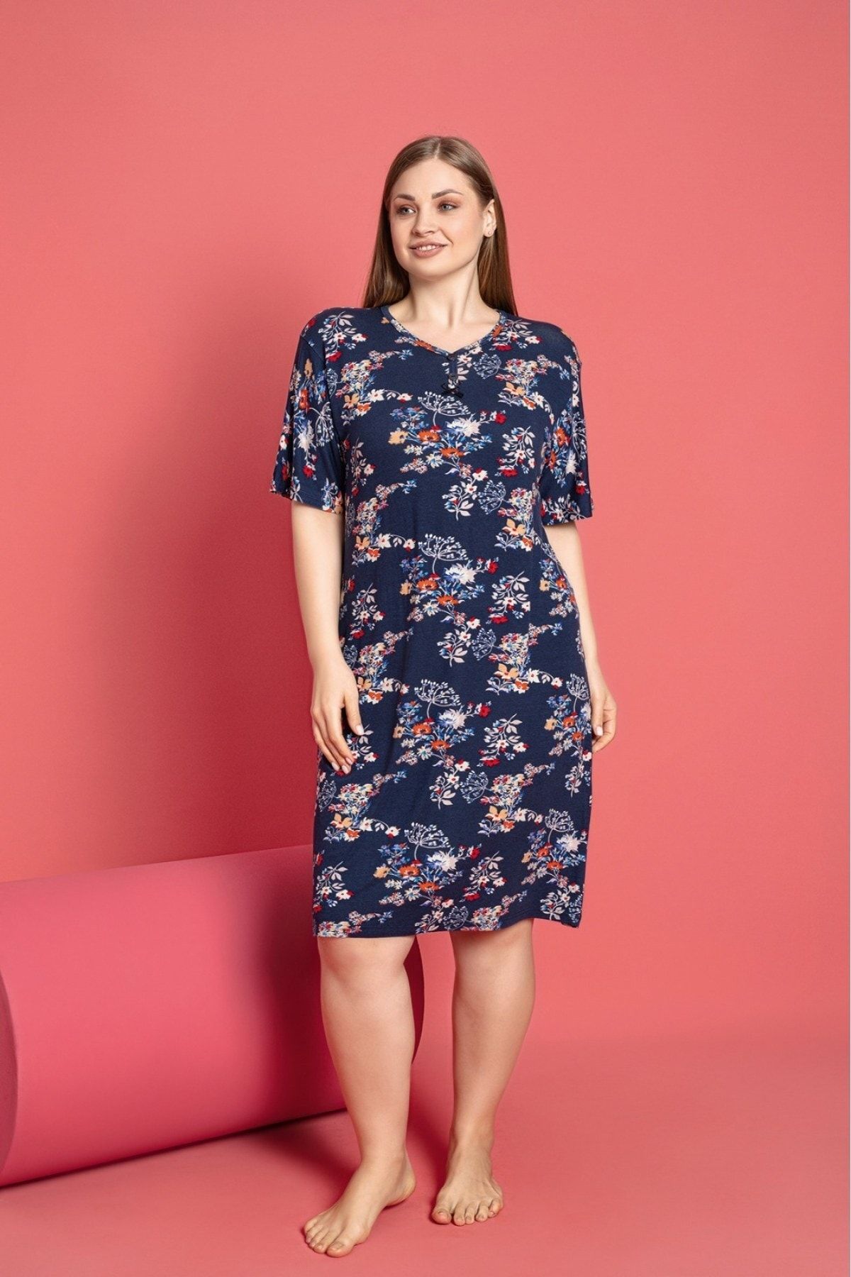 Asel-Plus Size Lycra Patterned Nightgown 1