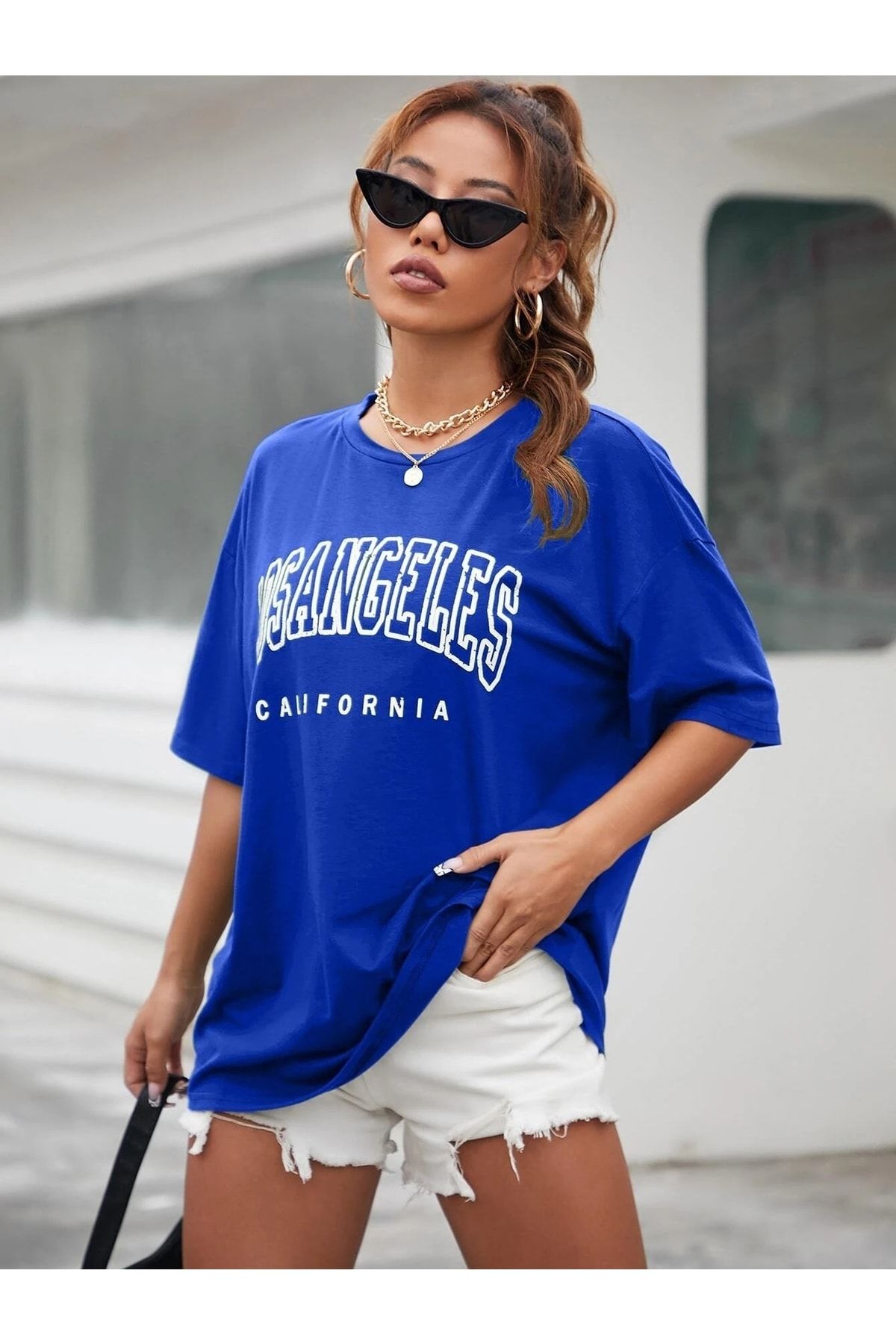 DUBU BUT K Los Angeles T shirt Saks Blue Printed Oversize Crew Neck Short Sleeve T Shirt Trendyol