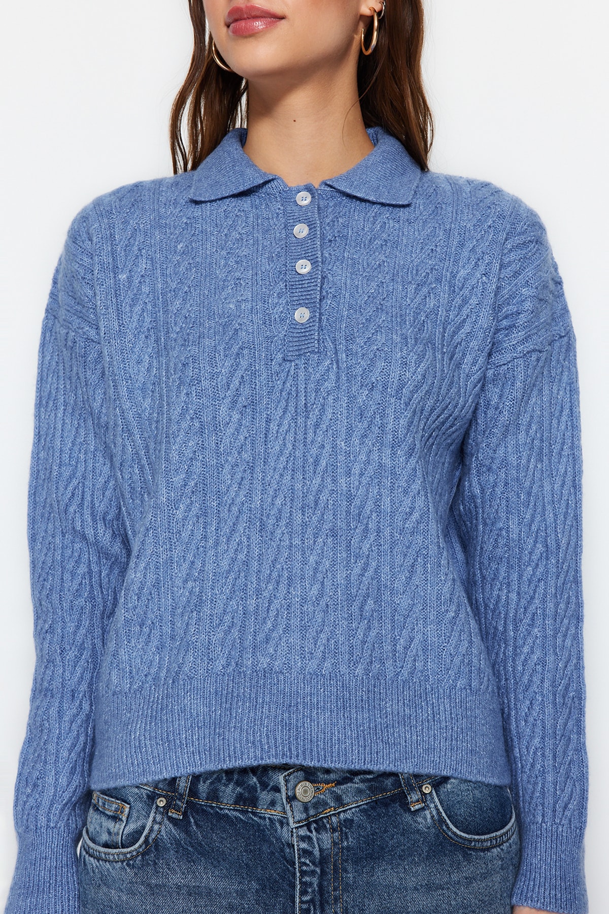 Trendyolmilla  Mavi Geniş Kalıp Yumuşak Dokulu Triko Kazak TWOAW21KZ2635 - Görsel 3