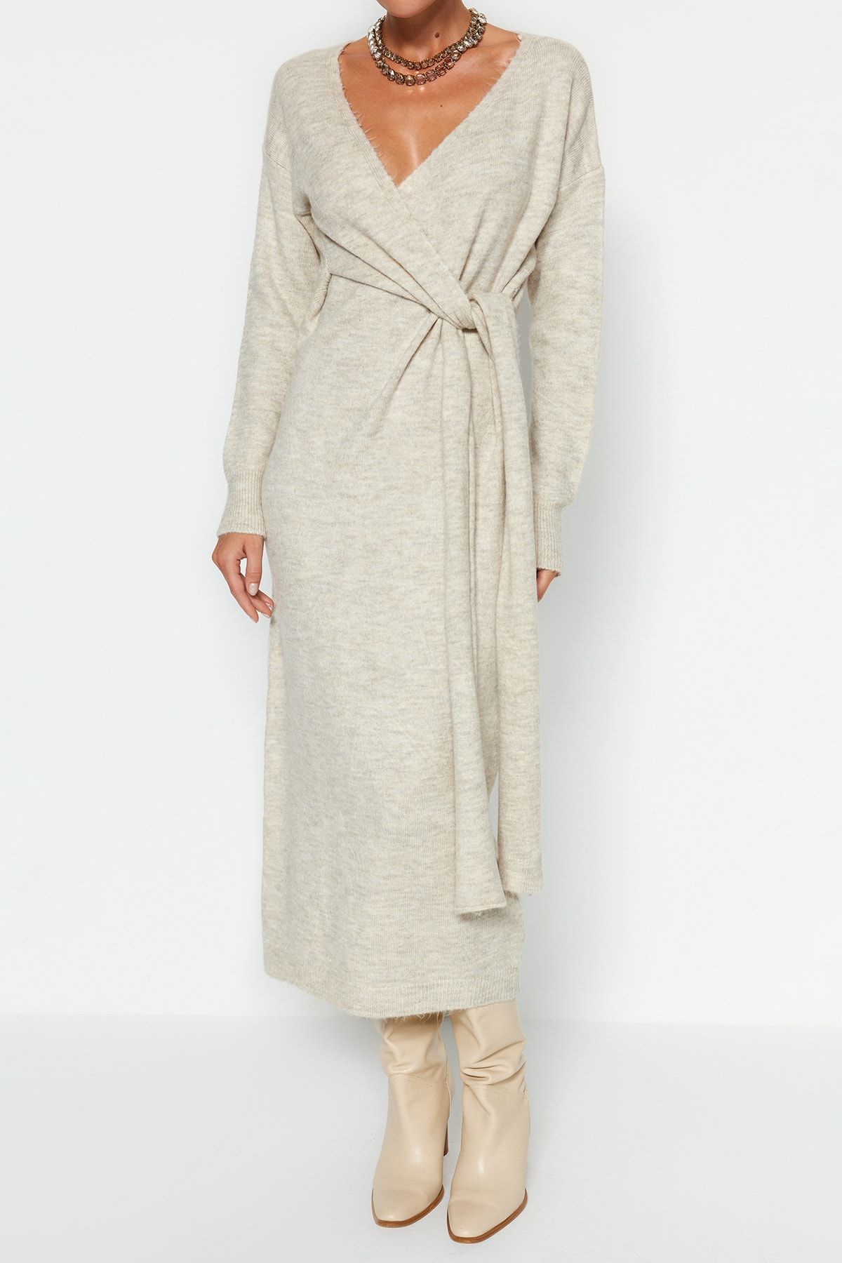 Trendyol Collection-Pletené šaty se zavazováním s dvojitým límcem Midi - Stone Texture Twoaw21El0260 2