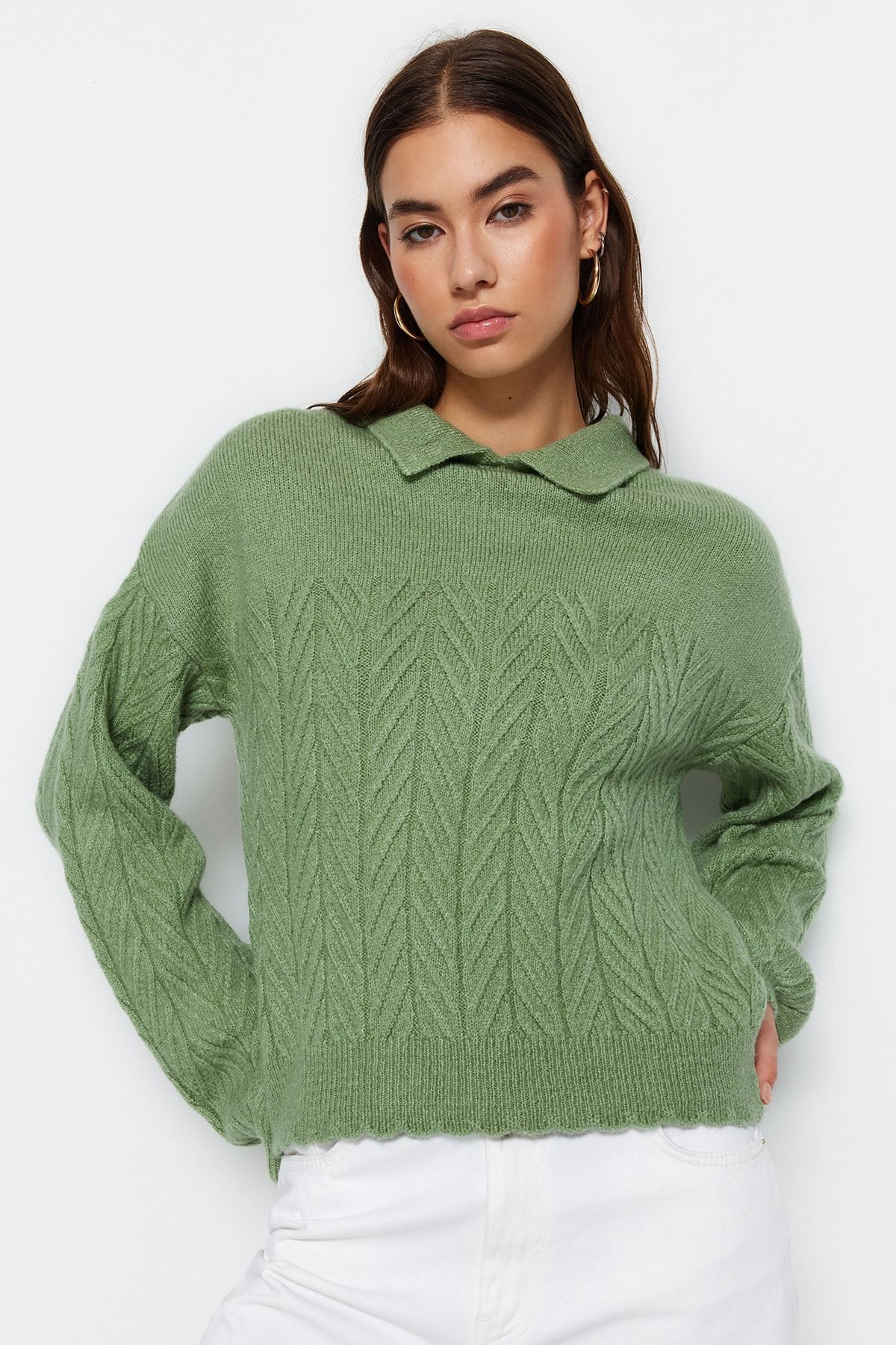 Trendyol Collection-Mint Wide Fit Soft Textured Hair Braided Knitwear Sweater TWOAW22KZ1620 2