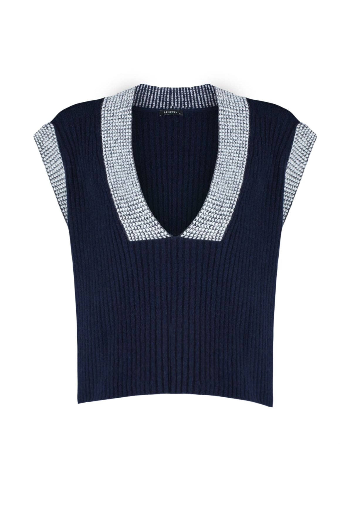 Trendyol Collection-Marineblauer, weich strukturierter Strickpullover mit Farbblockdesign und weiter Passform TWOAW21BZ0014 6